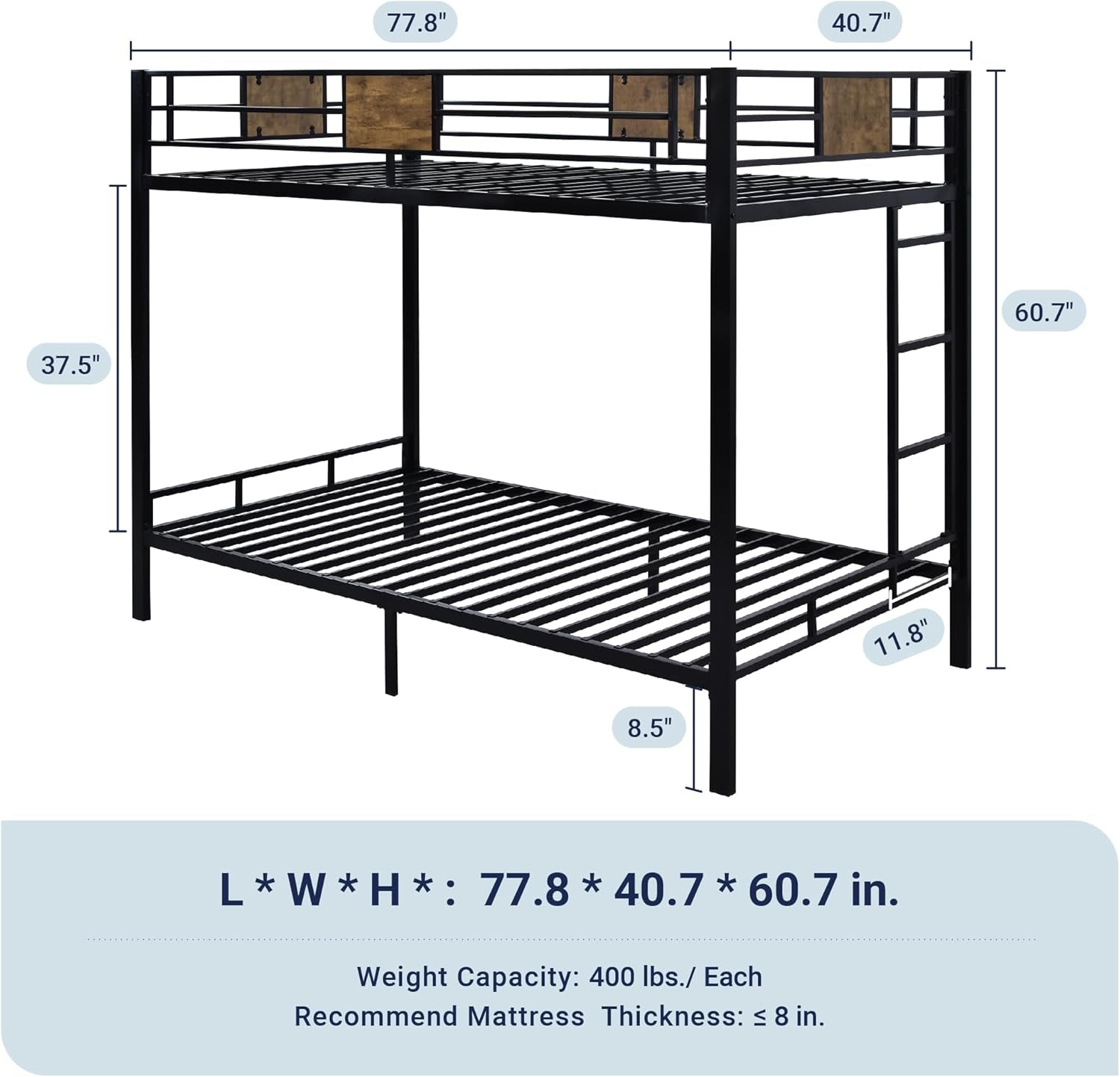 Twin over Twin Bunk Bed with Rustic Wooden Accents, Sturdy Metal Frame, Space-Saving Design, Noise-Free, Black-1