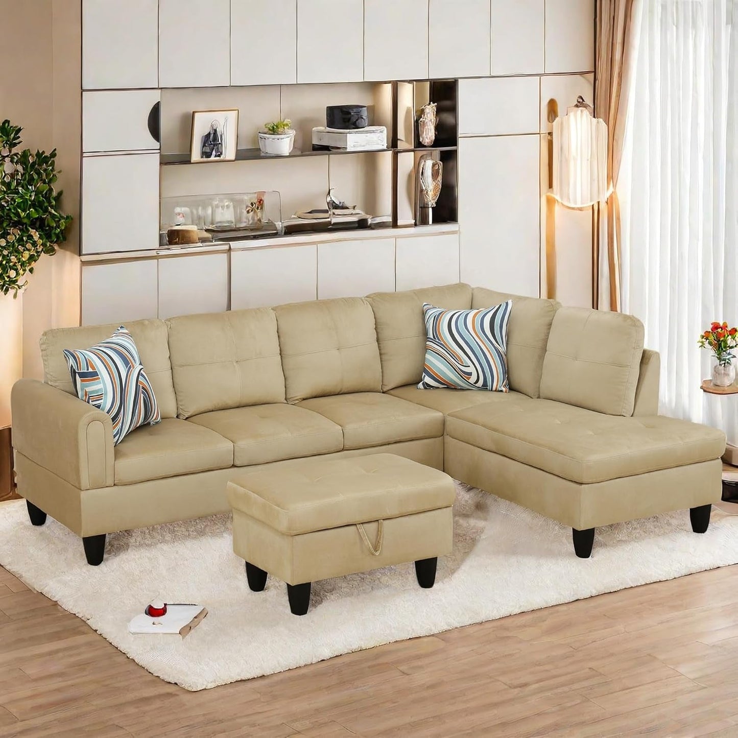 L Shaped Sectional Sofa with Ottoman, Modern Couches for Living Room, Microfiber Facing, Bedroom, Office-0