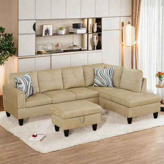 L Shaped Sectional Sofa with Ottoman, Modern Couches for Living Room, Microfiber Facing, Bedroom, Office-0