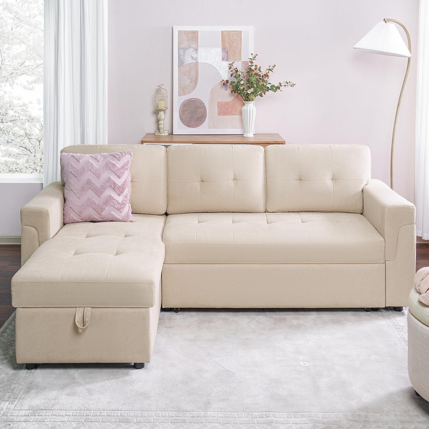 Jenny Sectional Sofa Sleeper with Storage Chaise, Tufted Pull Out Couch with Storage, Sectional Sofa Bed, L-Shaped Reversible Sleeper Sofa with Storage, Beige,Velvet-0