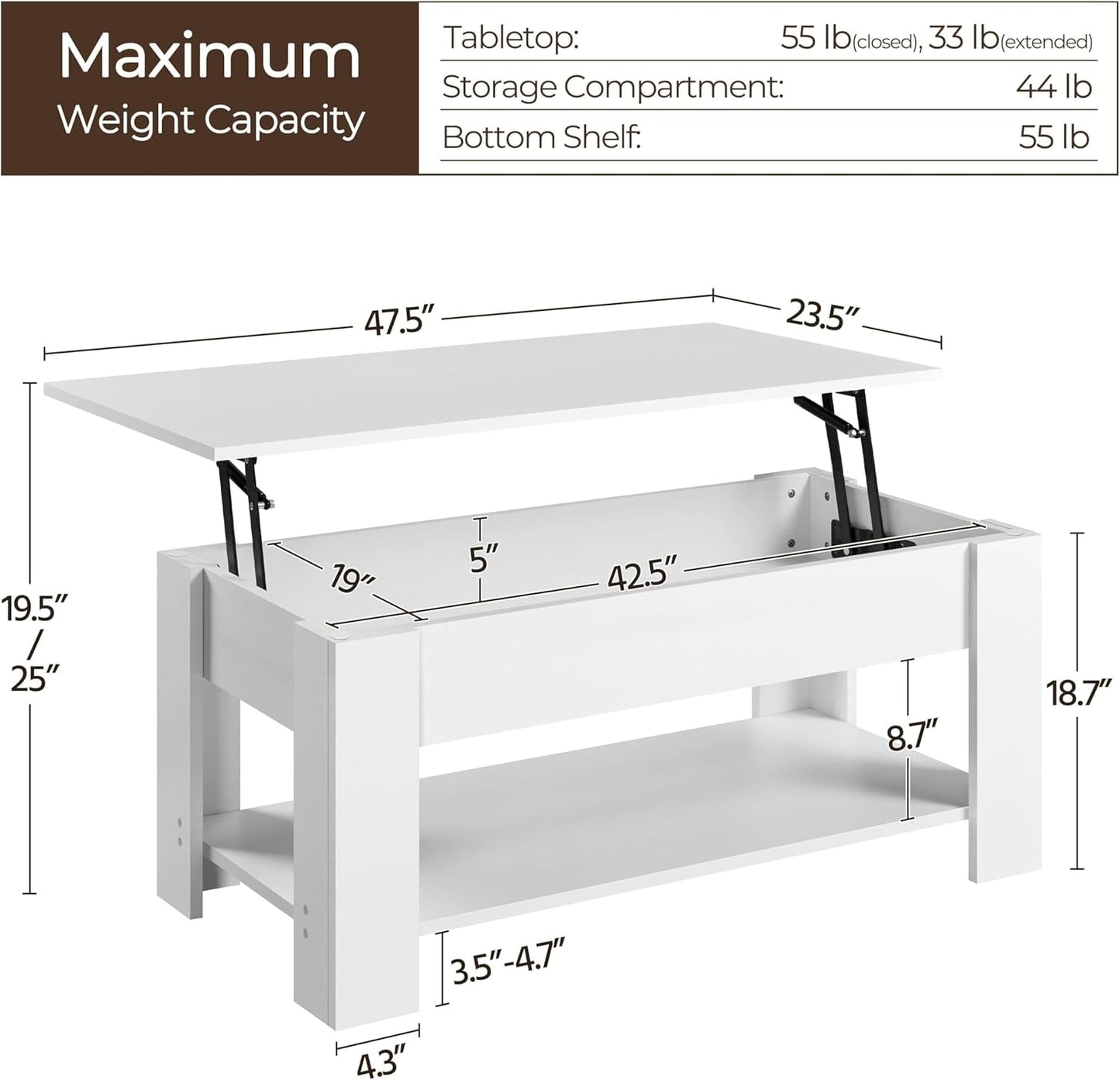 Lift Top Coffee Table with Hidden Compartment and Storage Shelf, Rising Tabletop Dining Table for Living Room Reception Room, 47.5In L, White-2