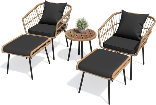 5-Piece Outdoor Wicker Furniture Set, All-Weather Patio Bistro Set with Footrest, Small Patio Conversation Set for Balcony Outside, Outdoor Chairs with Ottomans and Coffee Table - Black-0