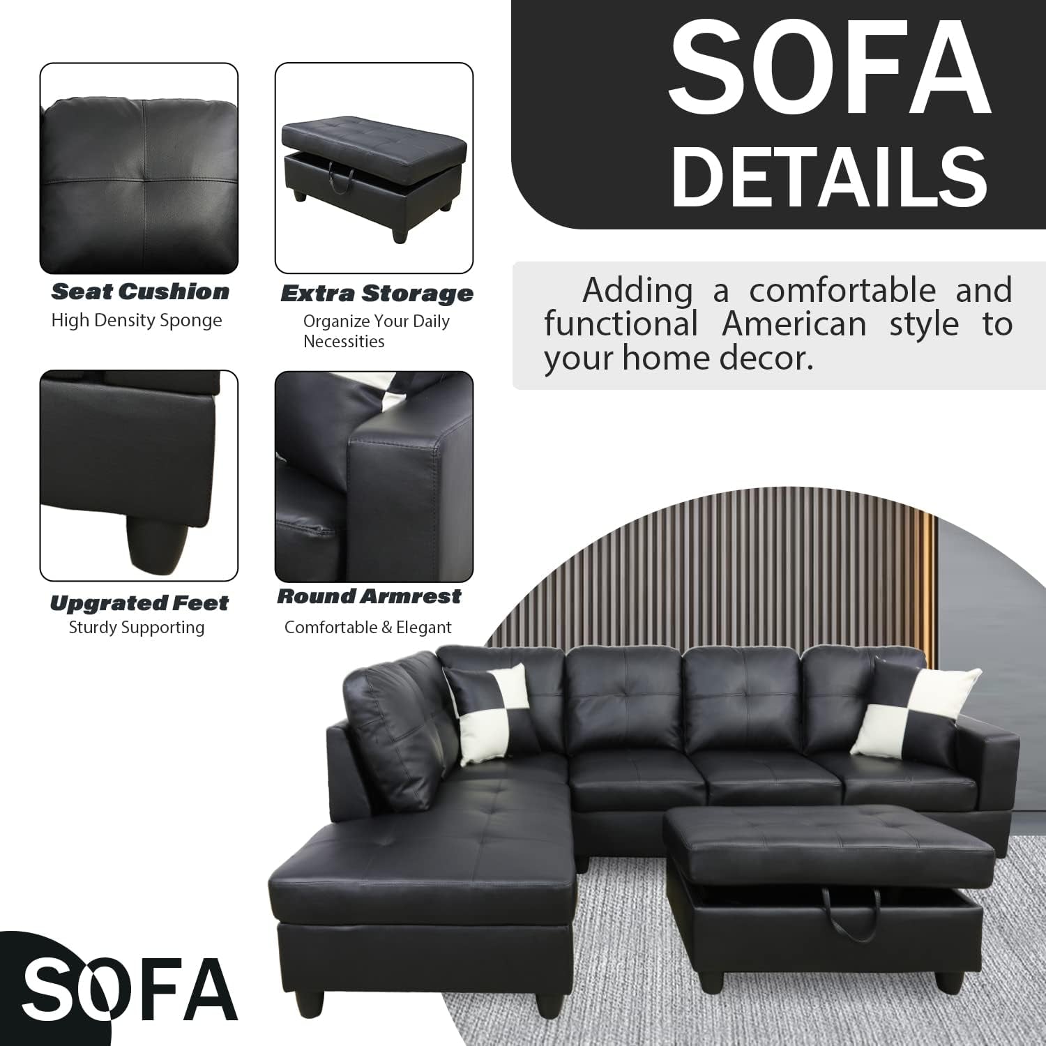 Ponliving Furniture Modern L-Shaped Leather Sectional Sofa Left Hand Facing (Black)-4