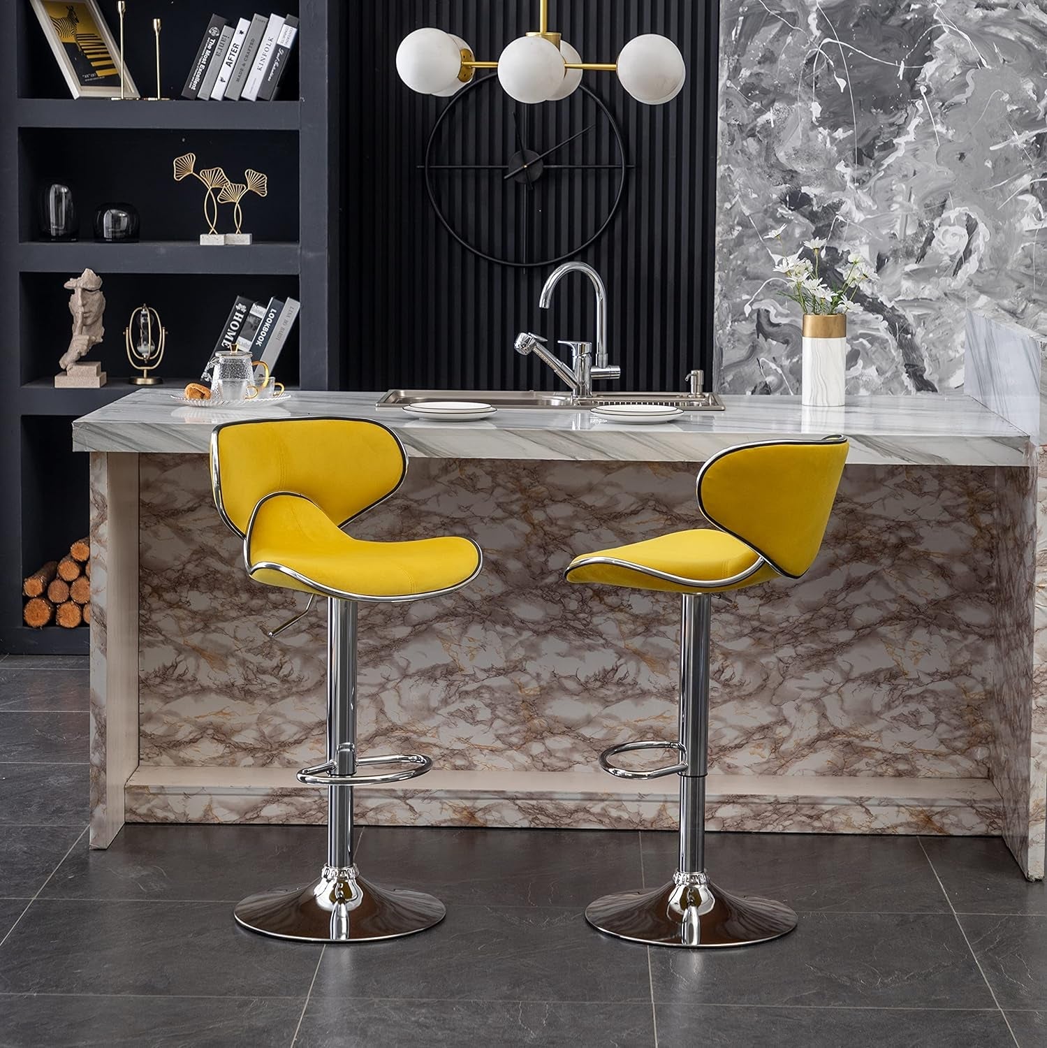 Masaccio Velvet Upholstered Adjustable Swivel Barstool, Set of 2, Yellow-3