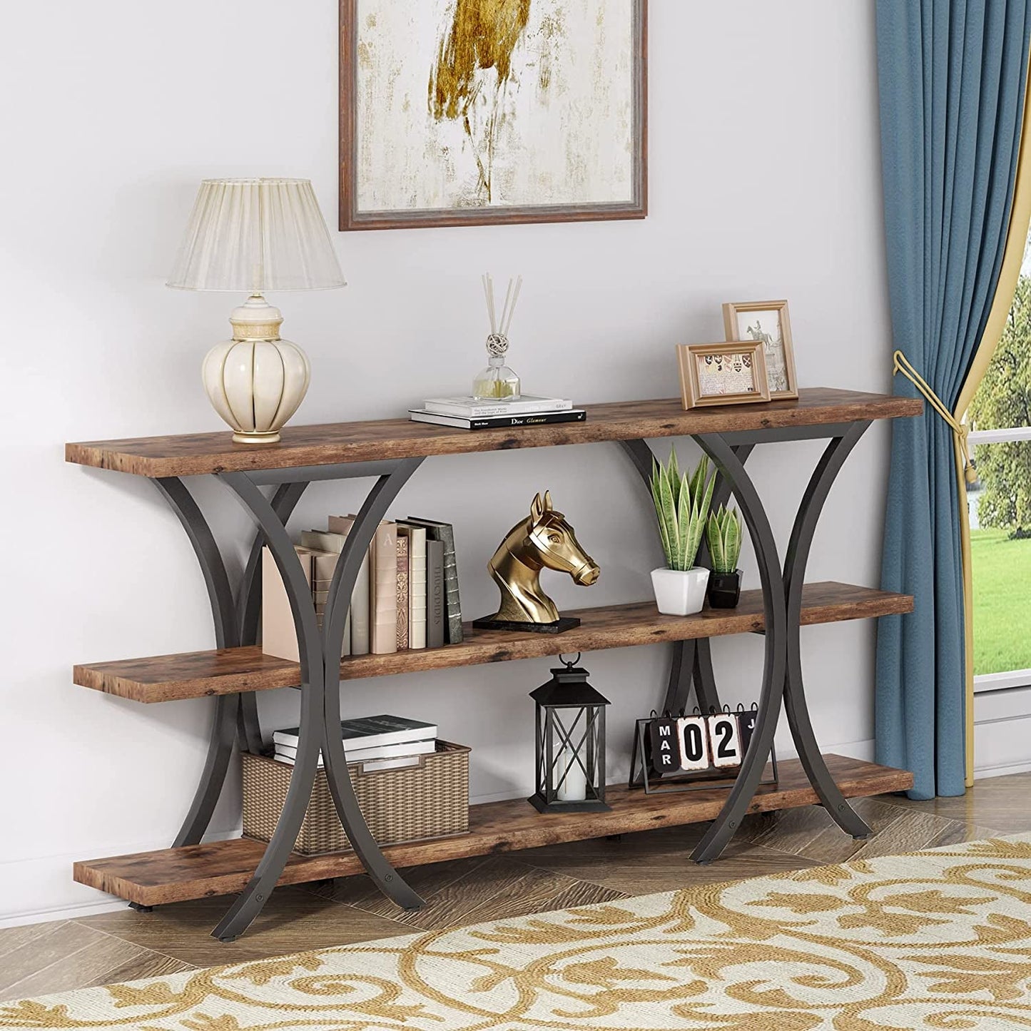 Narrow Console Table with 3 Shelves (Brown)-2