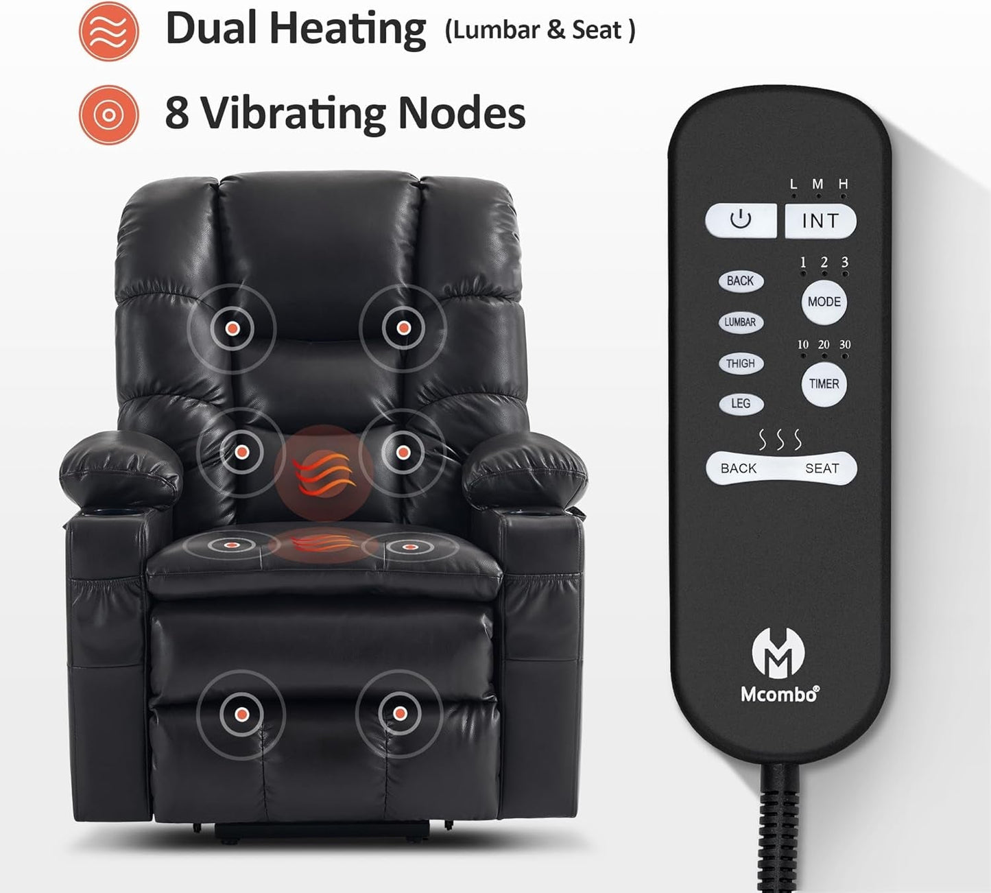 Dual Motor Power Lift Recliner Chair with Massage and Dual Heating, Adjustable Headrest for Big and Tall Elderly People, Faux Leather 7634 (Black, Large-Regular)-4