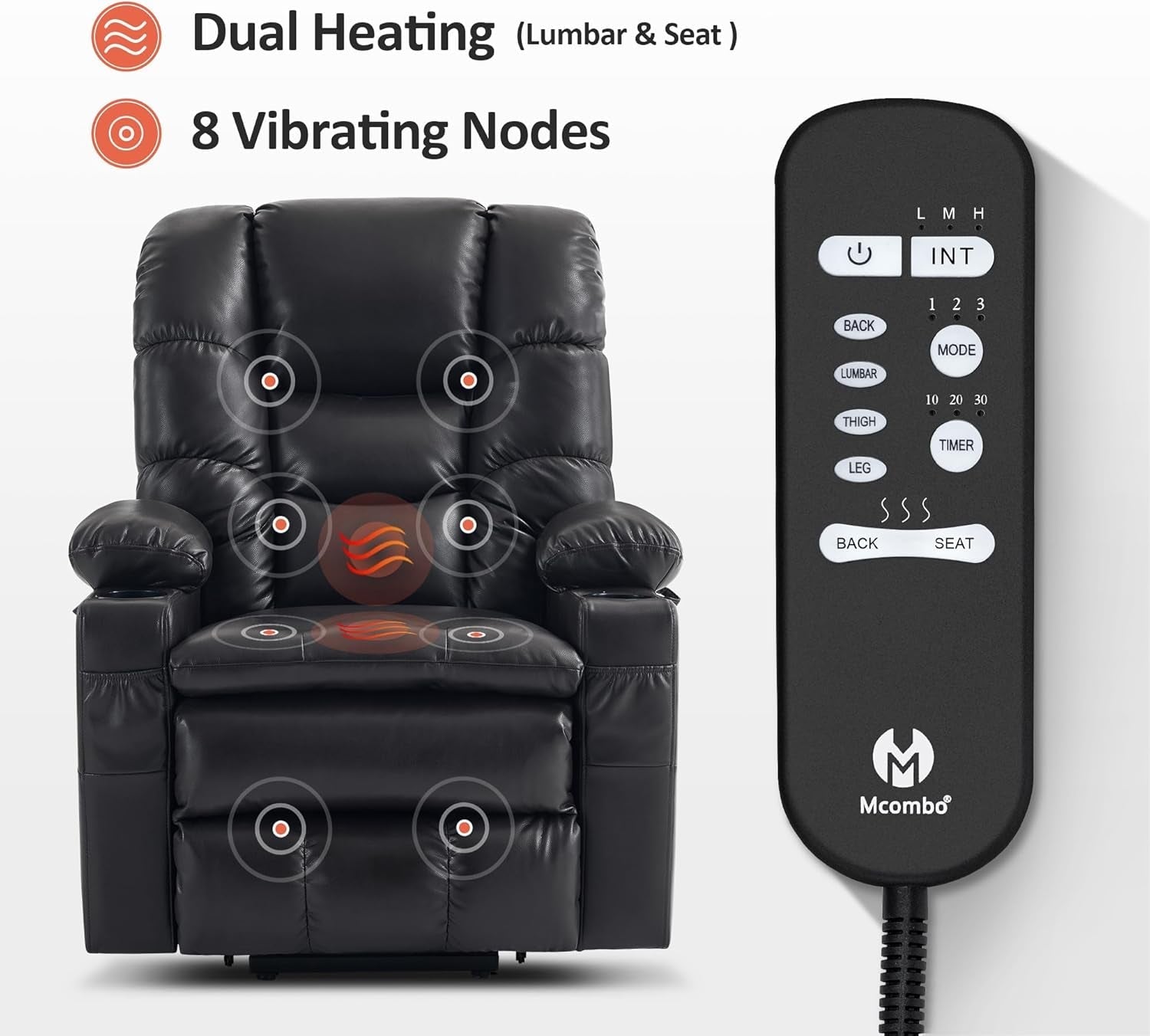 Dual Motor Power Lift Recliner Chair with Massage and Dual Heating, Adjustable Headrest for Big and Tall Elderly People, Faux Leather 7634 (Black, Large-Regular)-4