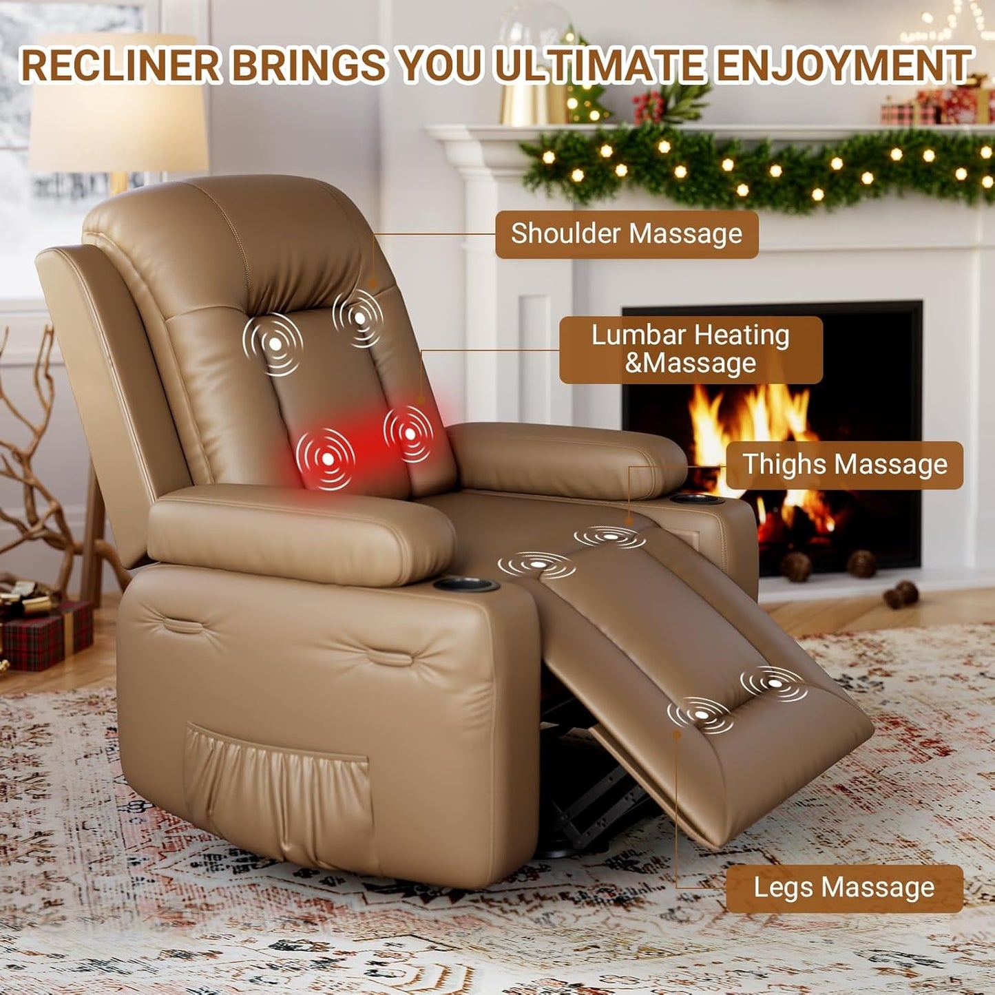 Power Lift Recliner Chair PU Leather with Massage for Elderly Ergonomic Lounge Chair Classic Single Sofa with 2 Cup Holders Side Pocket (Earthy Yellow, 22" Seat Width + Cup Holder)-3