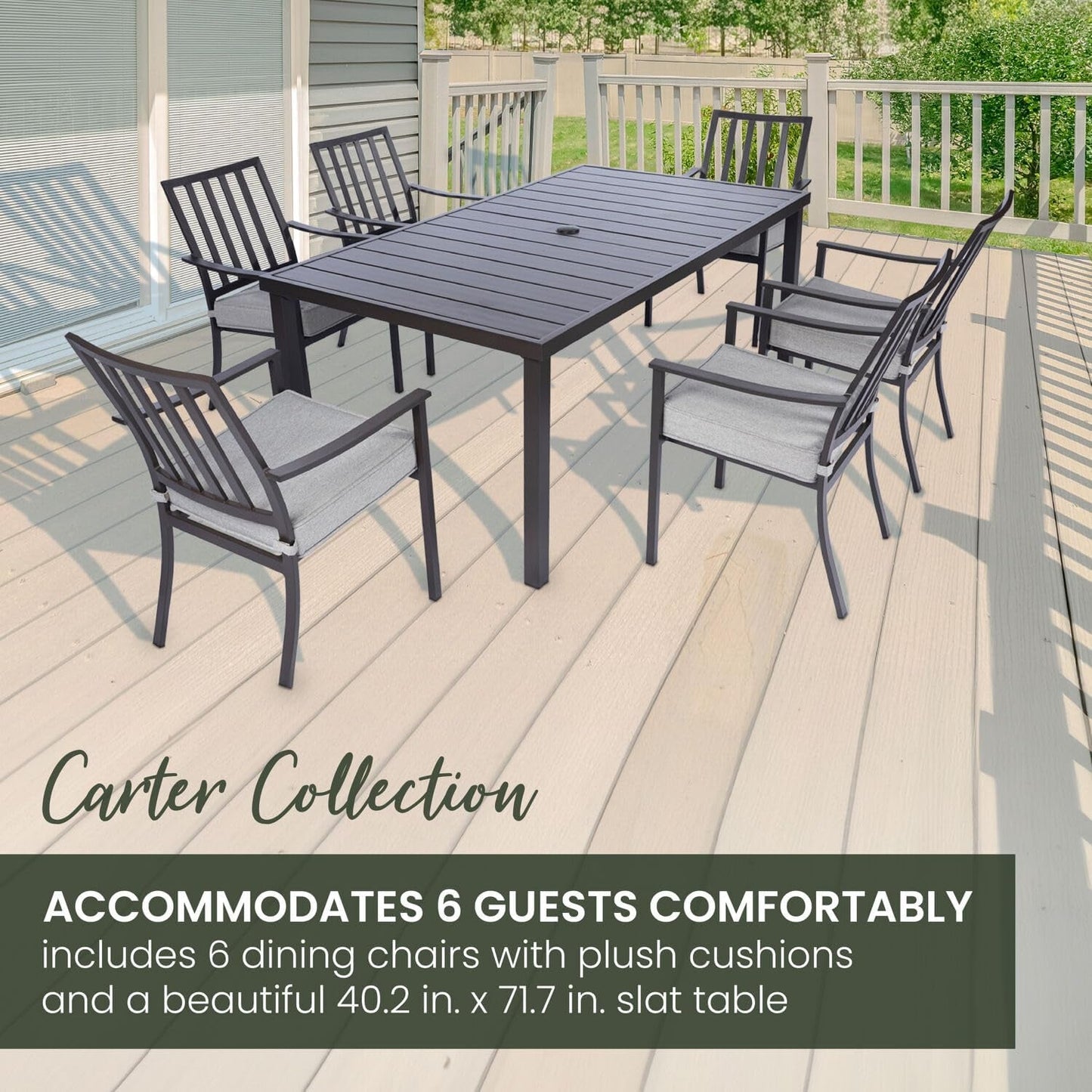 Furniture Carter 7-Piece Patio Dining Set, ern Patio Furniture, Outdoor Dining Set for 6 with All-Weather Aluminum Frames, Padded Dining Chairs, and Slat Table-3