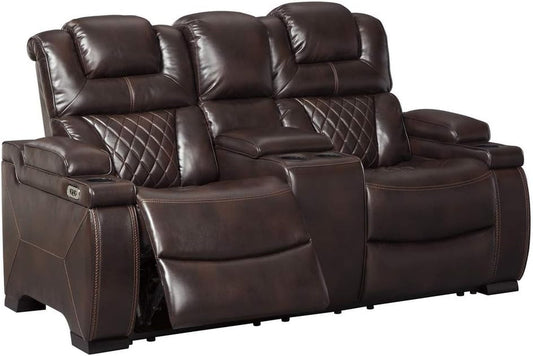 Warnerton Faux Leather Power Reclining Loveseat with Center Console, Brown-0