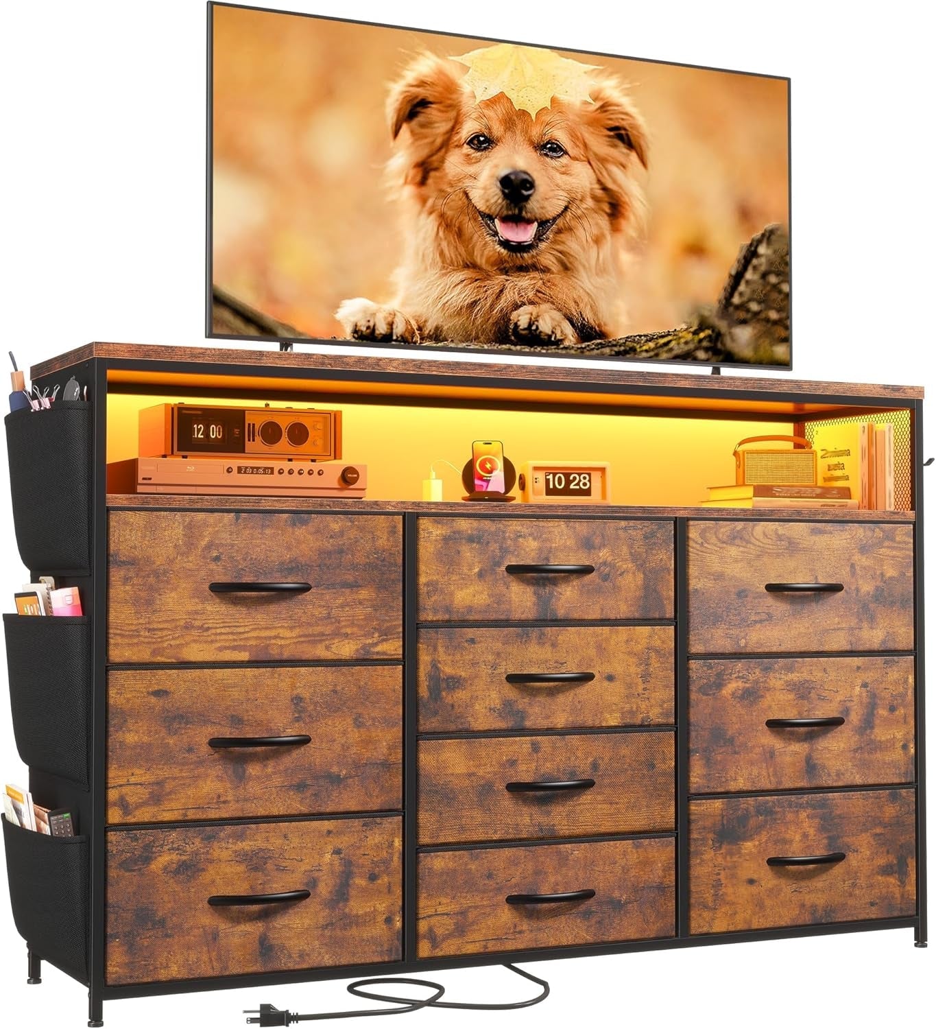 Dresser for Bedroom with 10 Fabric Drawers, Dresser with LED Lights & Power Outlets, 55" TV Stand Dresser with Side Pockets and Wood Open Shelves for Bedroom, Entryway, Rustic Brown-0