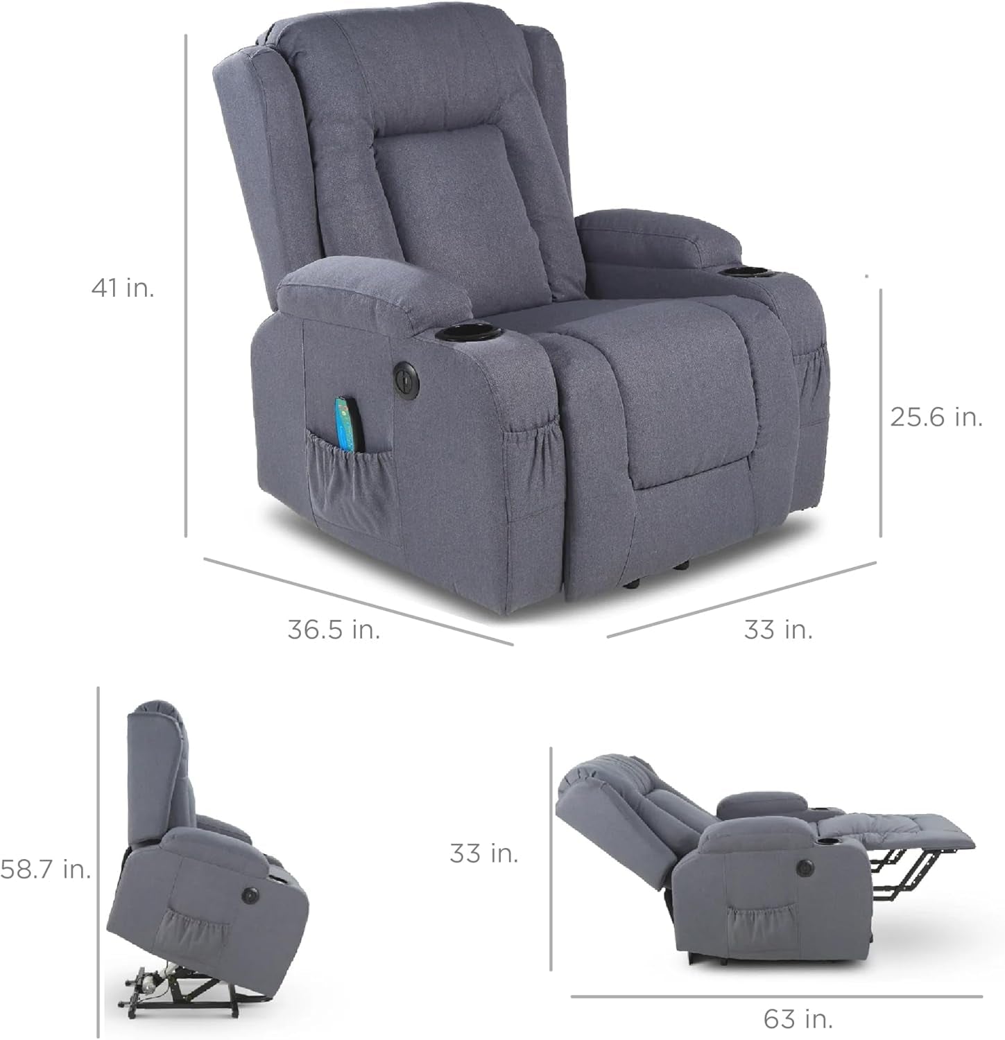 Modern Linen Electric Power Lift Chair, Recliner Massage Chair, Adjustable Furniture for Back, Legs W/ 3 Positions, USB Port, Heat, Cupholders, Easy-To-Reach Button - Blue-2