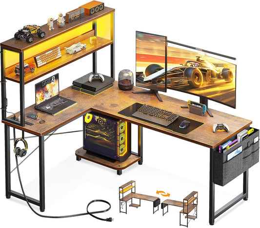 L Shaped Desk Gaming Desk with LED Light & Power Outlet, 53 Inch Reversible L Shaped Computer Desk with Shelf, Corner Desk with Storage Bag&Hook for Home Office Desk, Vintage-0