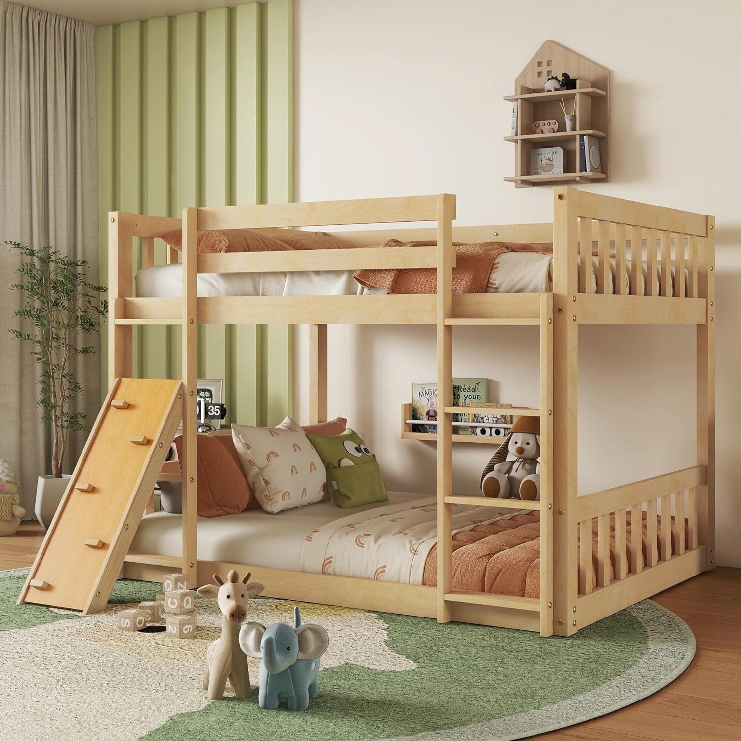 Twin over Twin Bunk Bed, Solid Wood Loft Bed Frame with Climbing Ramp and Ladder, Stable Bunk Bed with Guardrail, Modern Floor Bed for Teens and Adults, Easy to Assemble, Natural-2