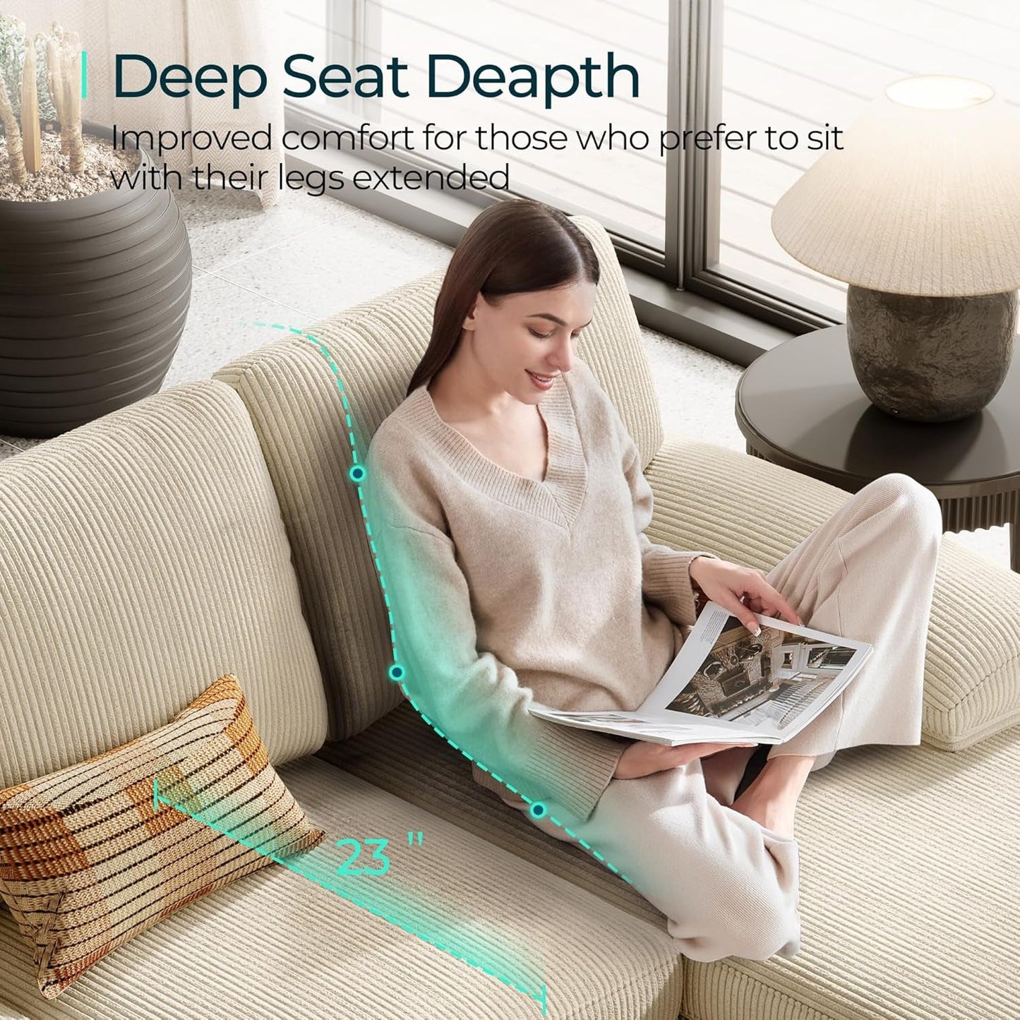 Sectional Couch, 111'' W Corduroy U Shaped Sofa with Sleepable Armrests, 4 Seat Couch with Double Chaises, Deep Sofa for Living Room, Beige-3