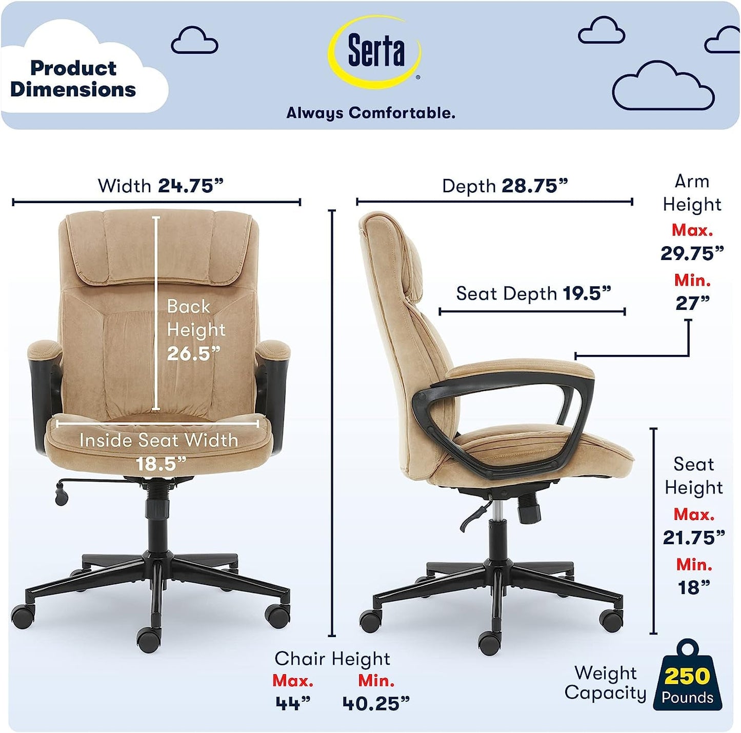 Hannah Executive Home Office Desk Chair, Ergonomic Mid-Back with Lumbar Support, Firm Seat Cushion, Layered Body Pillows, Padded Armrests, Swivel Base, Easy Assembly, Microfiber/Beige-2