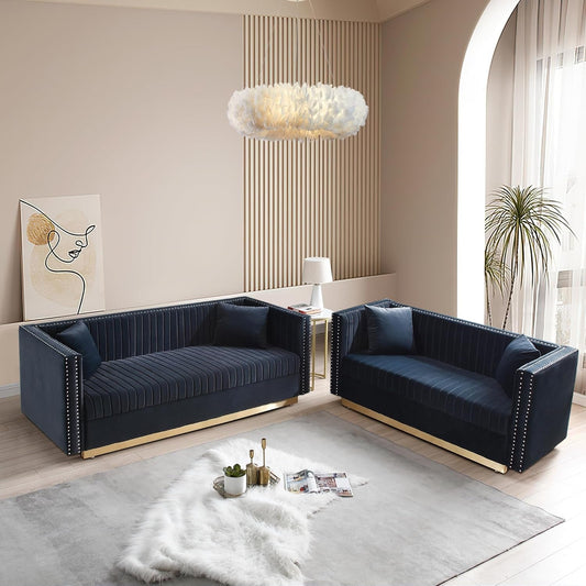 Luxury Velvet Sofa Set for Living Room, Modern Decor Furniture Channel Sofa Couch and Loveseat with Nailhead Gold Metal Legs and 4 Pillows for Bedroom, Hall, Black-0
