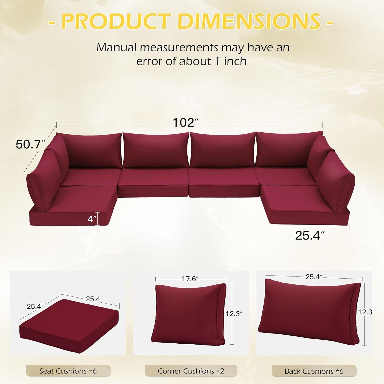 Outdoor Replacement Cushions for Patio Furniture,Water-Repellent Sofa Cushions for 6-Seat Rattan Wicker Sectional Patio Conversation Sets,14-Piece Cushions Set for Outdoor Couch（Burgundy）-2