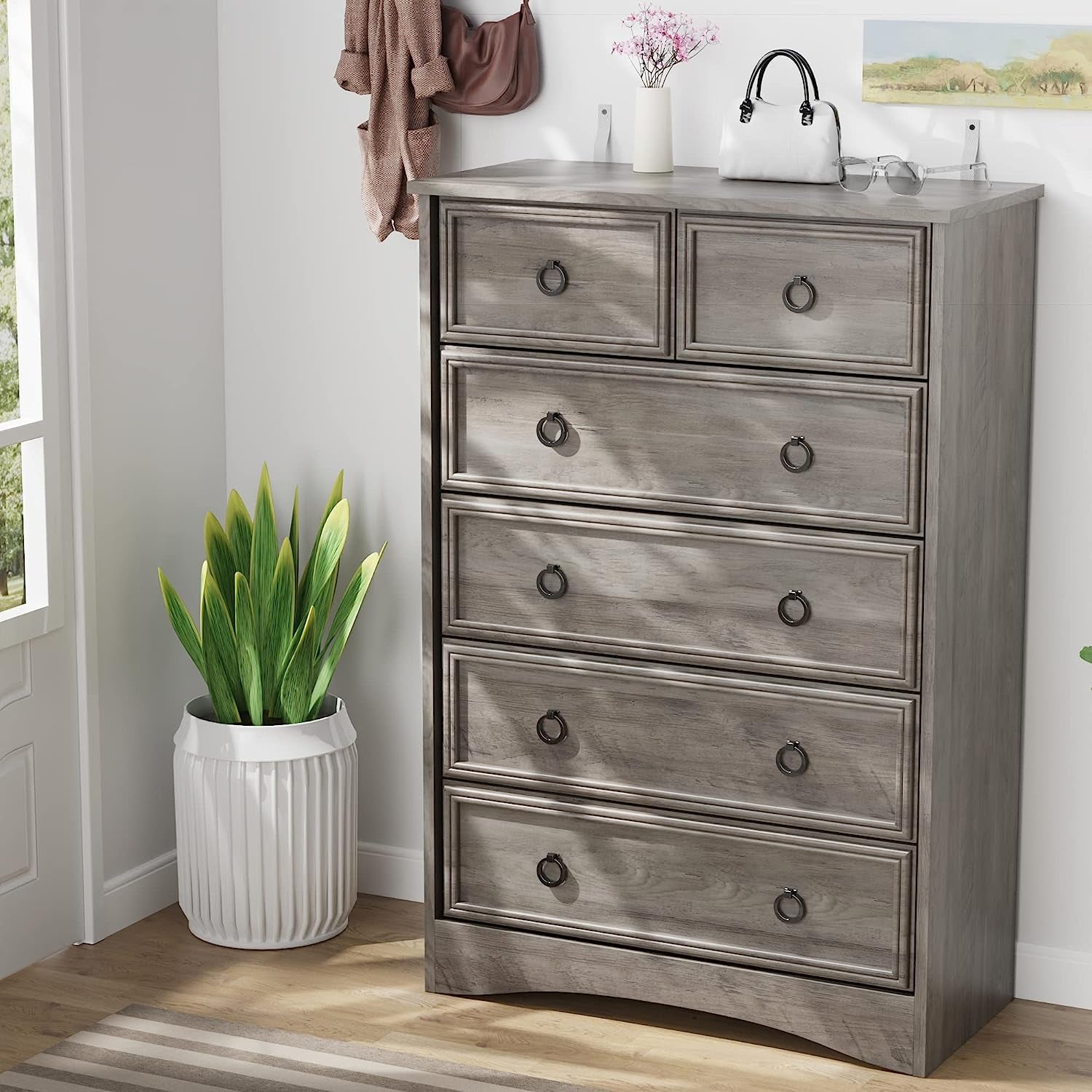 Gray Wash Tall Dresser with 6 Drawers for Bedroom Storage-1