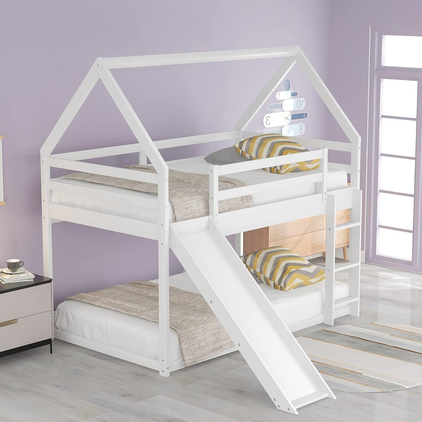 Twin over Twin Low Bunk Bed with Slide, Solid Wood House Bunk Bed for Kids Girls Boys (White)-3