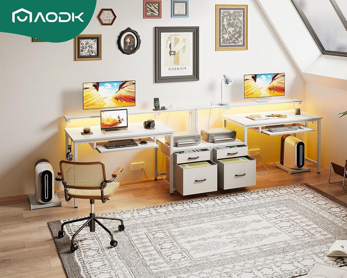 48" Computer Desk with Fabric File Cabinet and Drawer, Reversible Office Desk with Power Outlet and LED Light, Study Desk with Printer Stand, Keyboard Tray, Full Monitor Riser and PC Stand, White-1