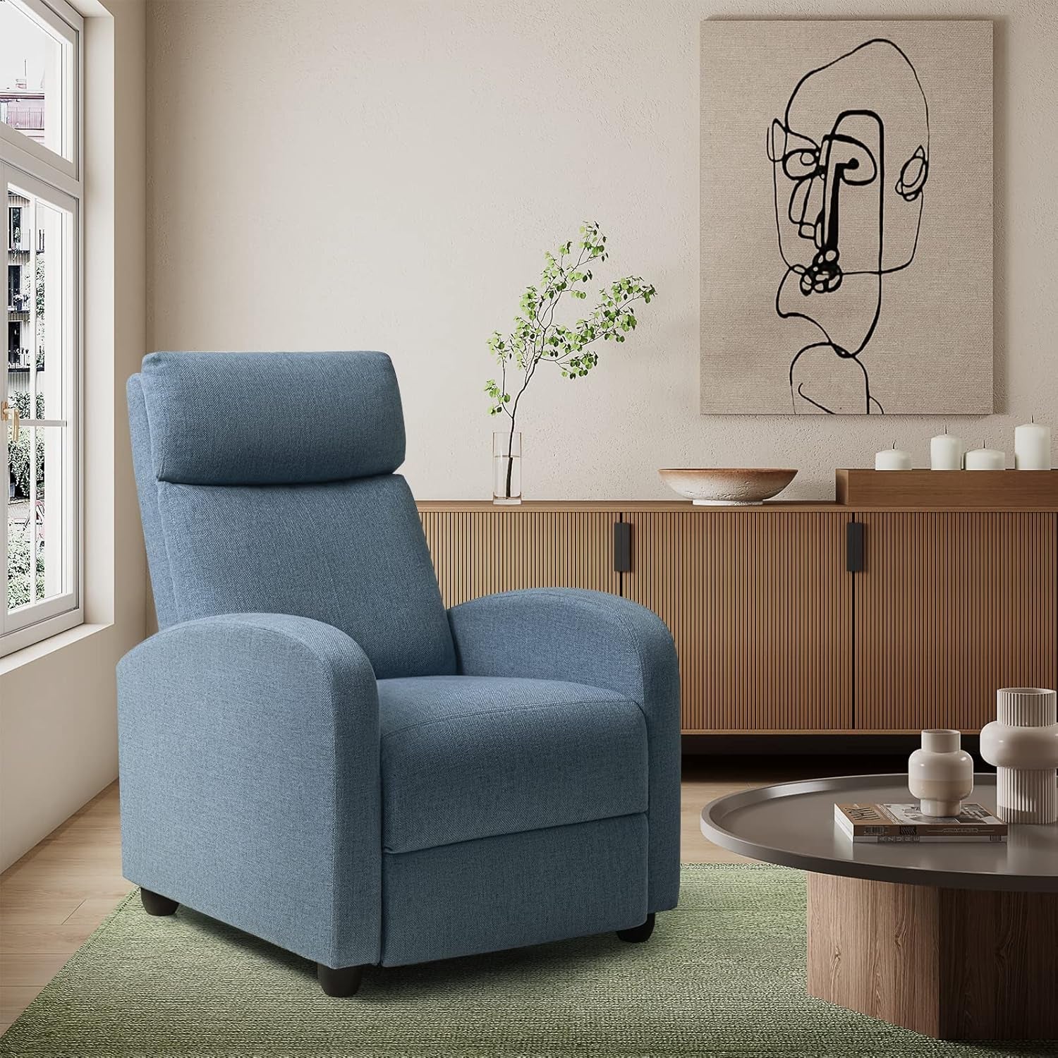 Recliner Chair Adjustable Home Theater Single Recliner Sofa Furniture with Thick Seat Cushion and Backrest Modern Living Room Recliners (Fabric, Light Blue)-1