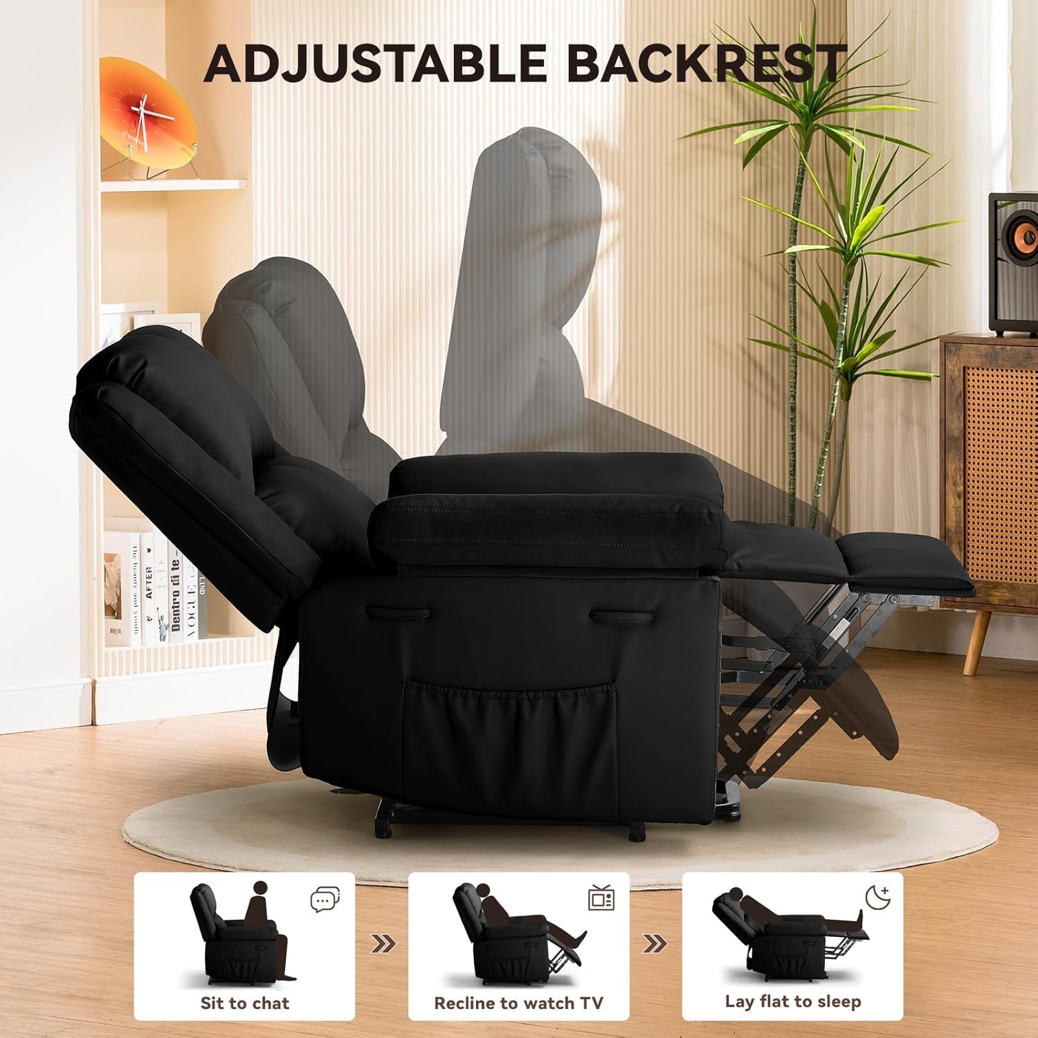 Power Lift Recliner for Elderly, Lift Chair with Heat and Massage，Pu Recliner Sofa with 2 Side Pockets and Infinite Position for Living Room, Black-4