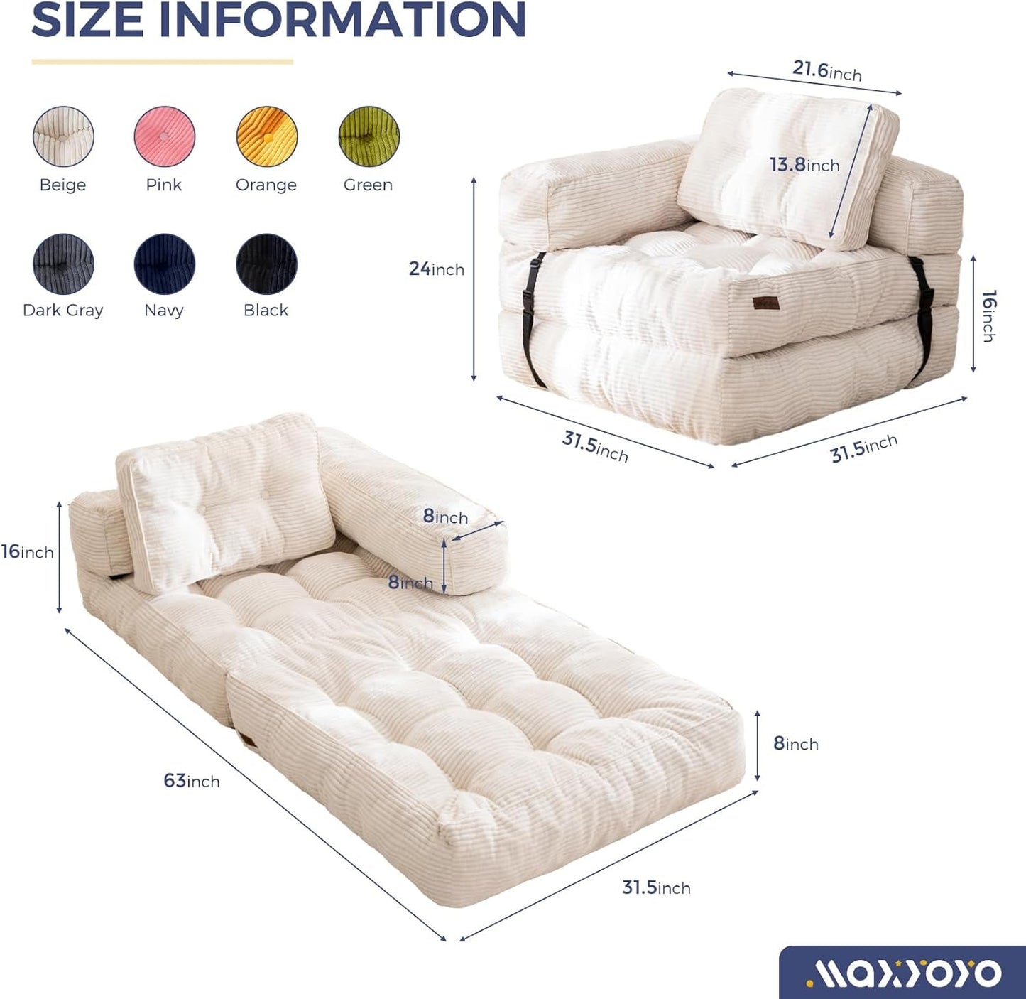 Folding Sofa Bed, L-Shaped Convertible Sofa Bed with Armrest, Beige-1