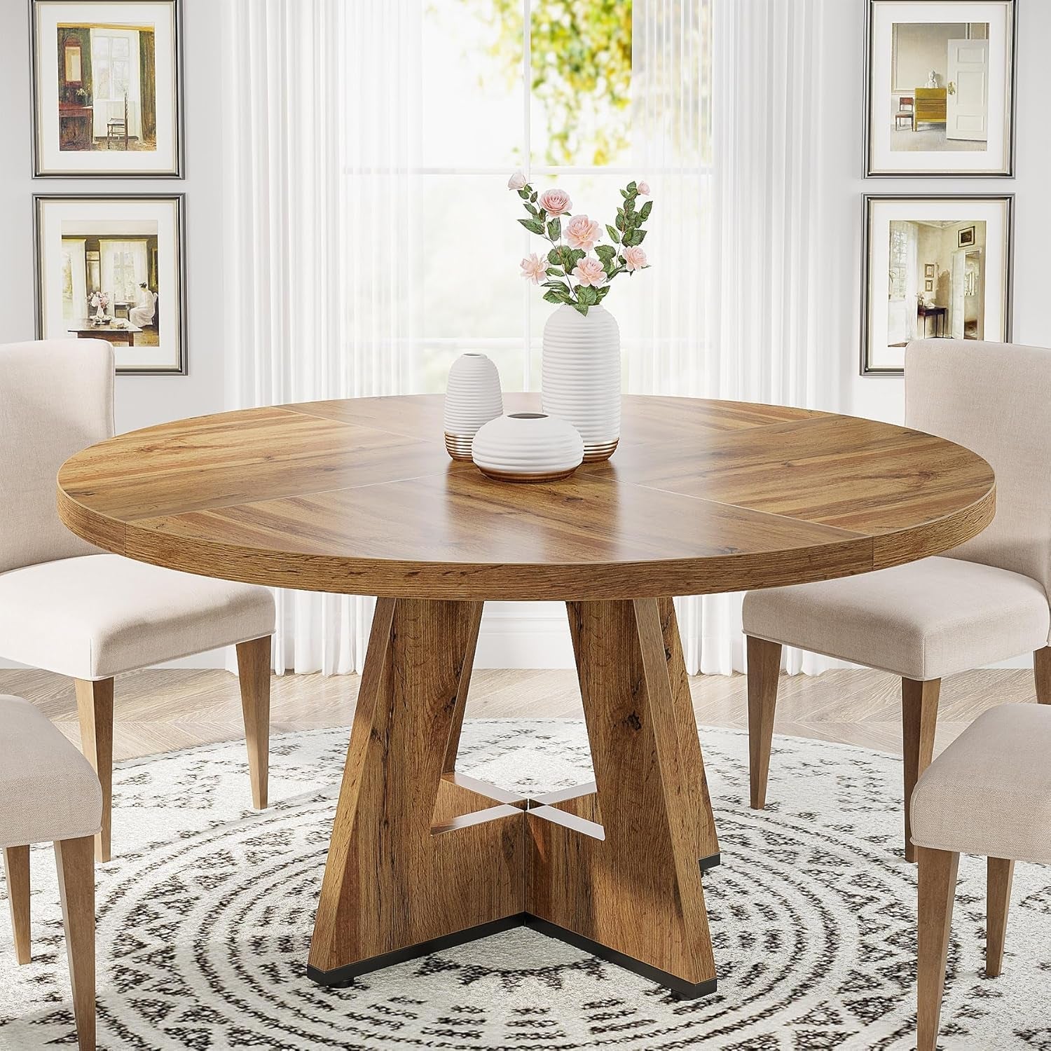 round Dining Table Wood Kitchen Table for Dining Room Living Room, 47" Dinning Room Tables for 4 Adult, Farmhouse Dinner Table with Wooden Tabletop and Cross Base, Burlywood(Only Table)-0