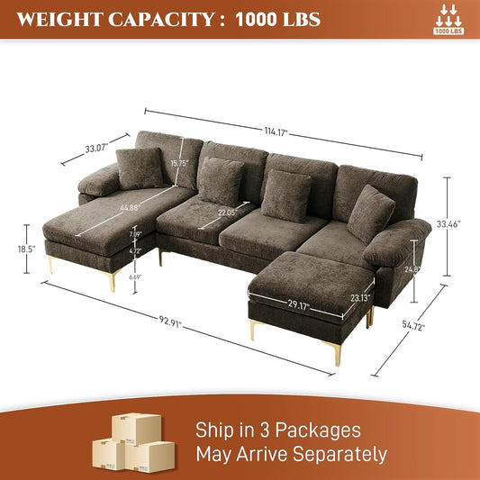 U-Shaped Sectional Sofa Couch, 4 Seat Sofa Set for Living Room, Convertible L-Shaped Chenille Couch Set with Chaise Lounge, Ottoman and Pillows,114 Inches (Brown)-1