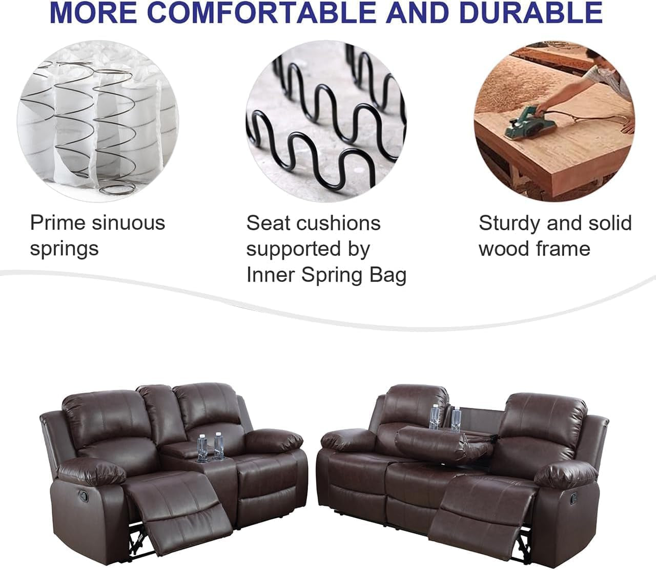 Bonded Leather Living Room Furniture Set Reclining Sofa Set Loveseat Furniture Sets in Living Room Sofa Recliners (Sofa+Loveseat, Brown)-3