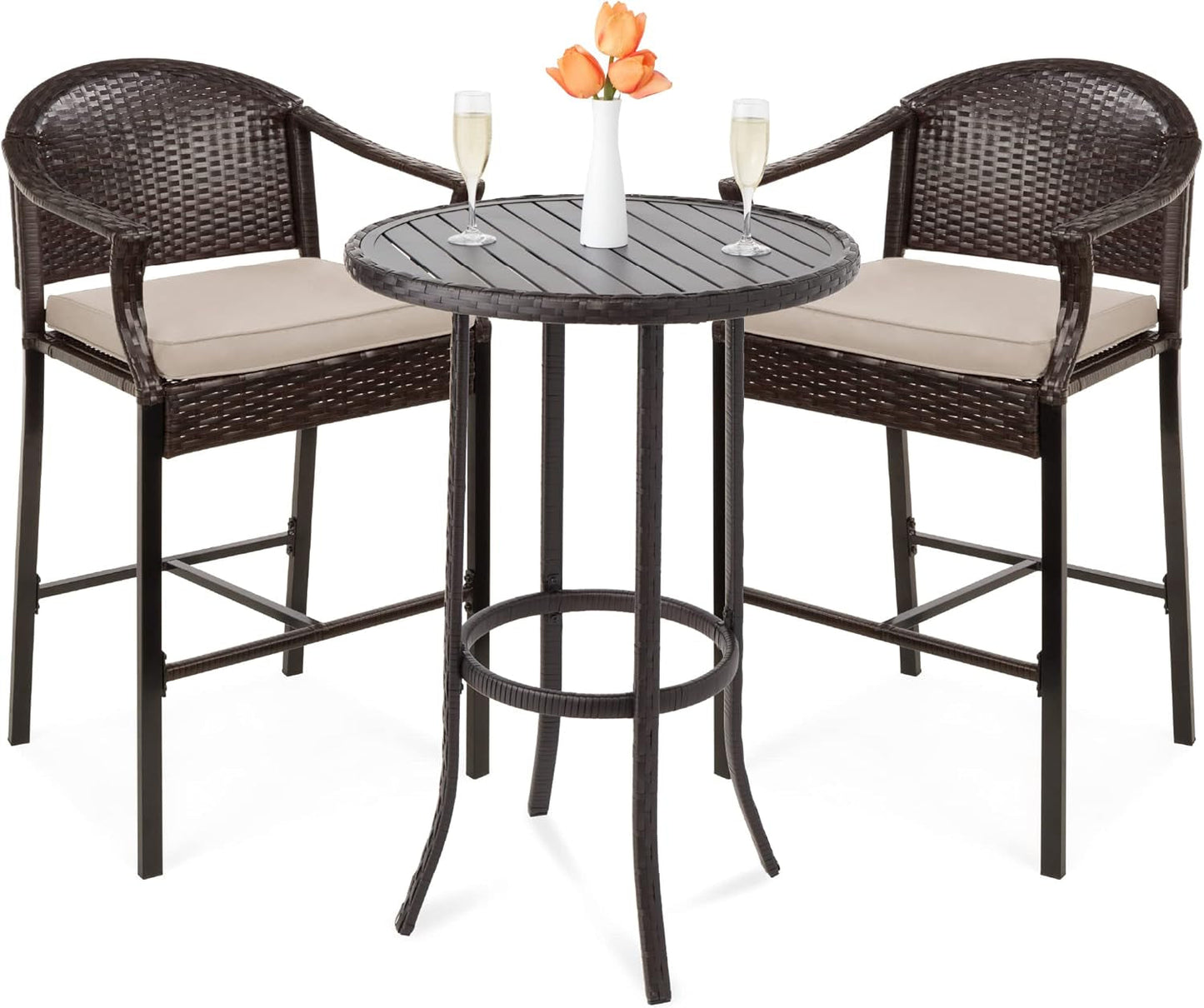3-Piece Patio Bar Table Set, Outdoor Wicker Bar Height Bistro Furniture for Backyard, Poolside, Balcony W/Barstools, Cushions, Steel Frame – Brown/Beige-0