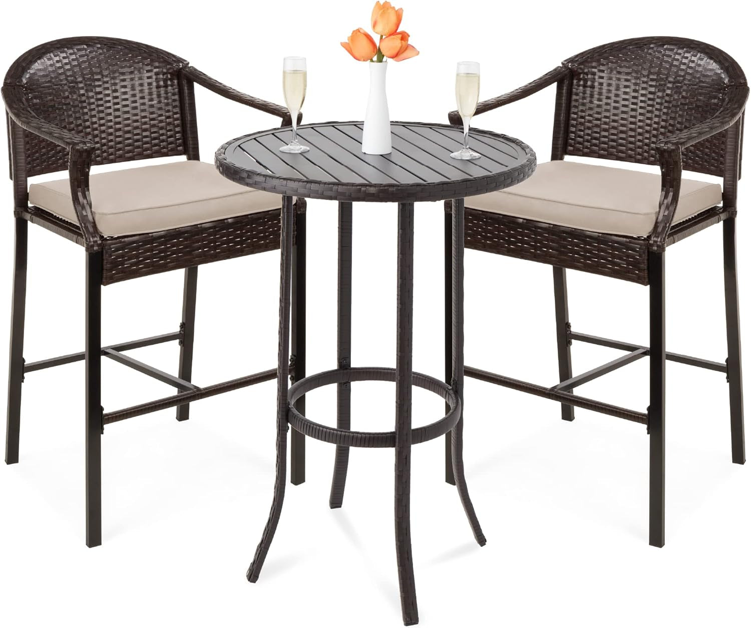 3-Piece Patio Bar Table Set, Outdoor Wicker Bar Height Bistro Furniture for Backyard, Poolside, Balcony W/Barstools, Cushions, Steel Frame – Brown/Beige-0