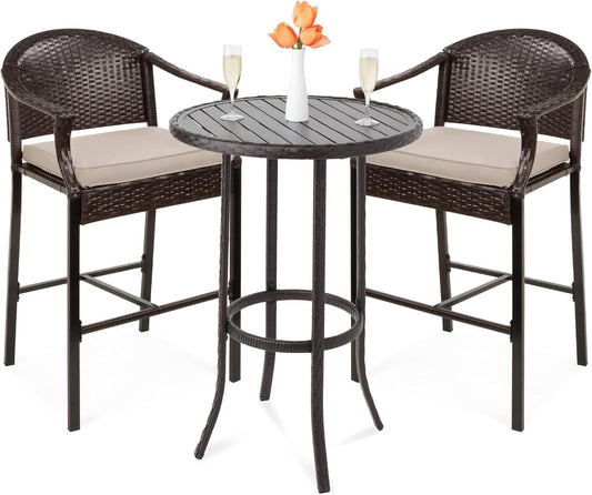 3-Piece Patio Bar Table Set, Outdoor Wicker Bar Height Bistro Furniture for Backyard, Poolside, Balcony W/Barstools, Cushions, Steel Frame – Brown/Beige-0