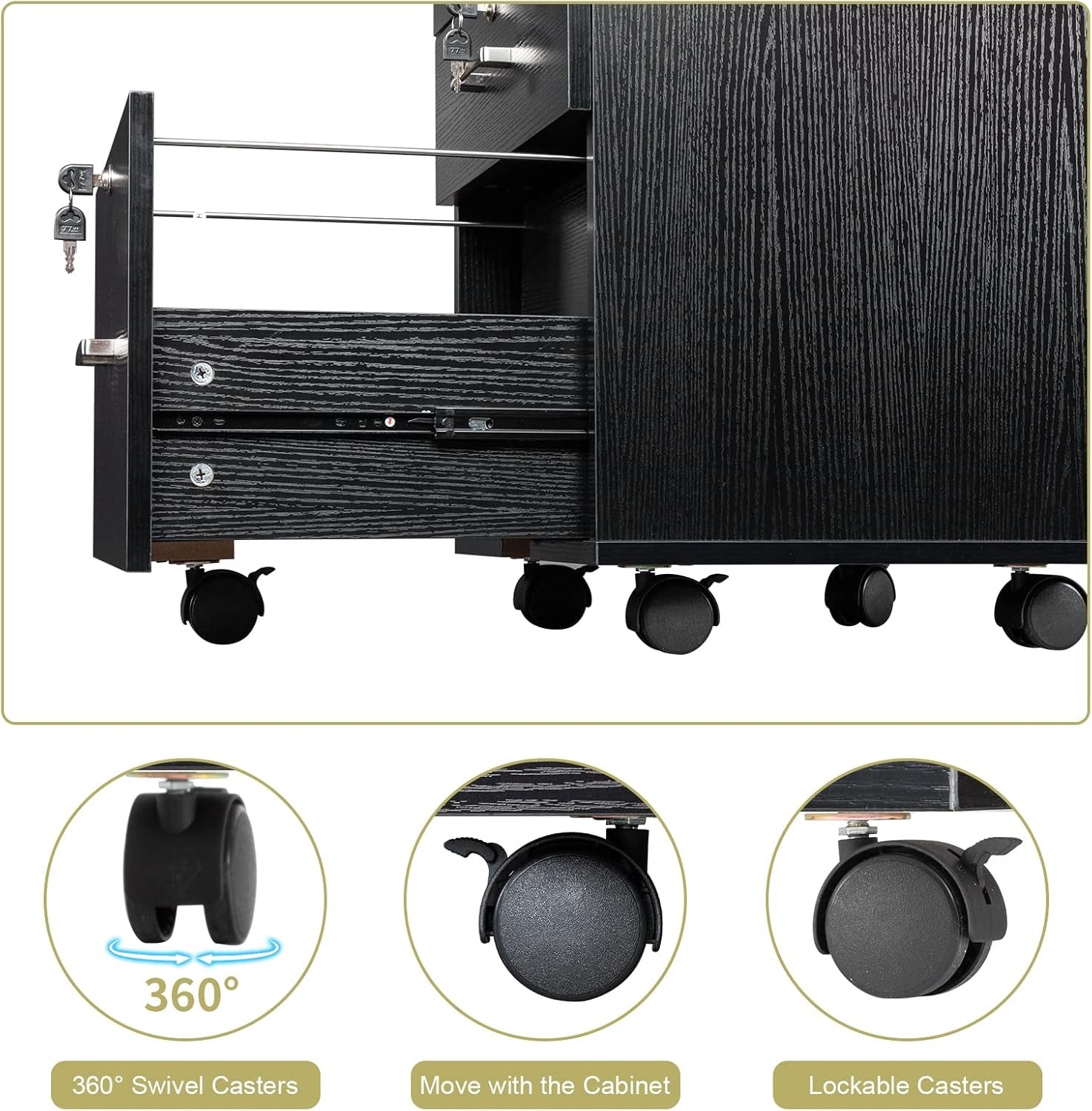 26" H 3 Drawer File Cabinet with Lock, Rolling File Cabinet under Desk, Mobile File Cabinets for Home Office, Wood Black File Cabinet Printer Stand for Letter Size Hanging/Manila File Folders-4