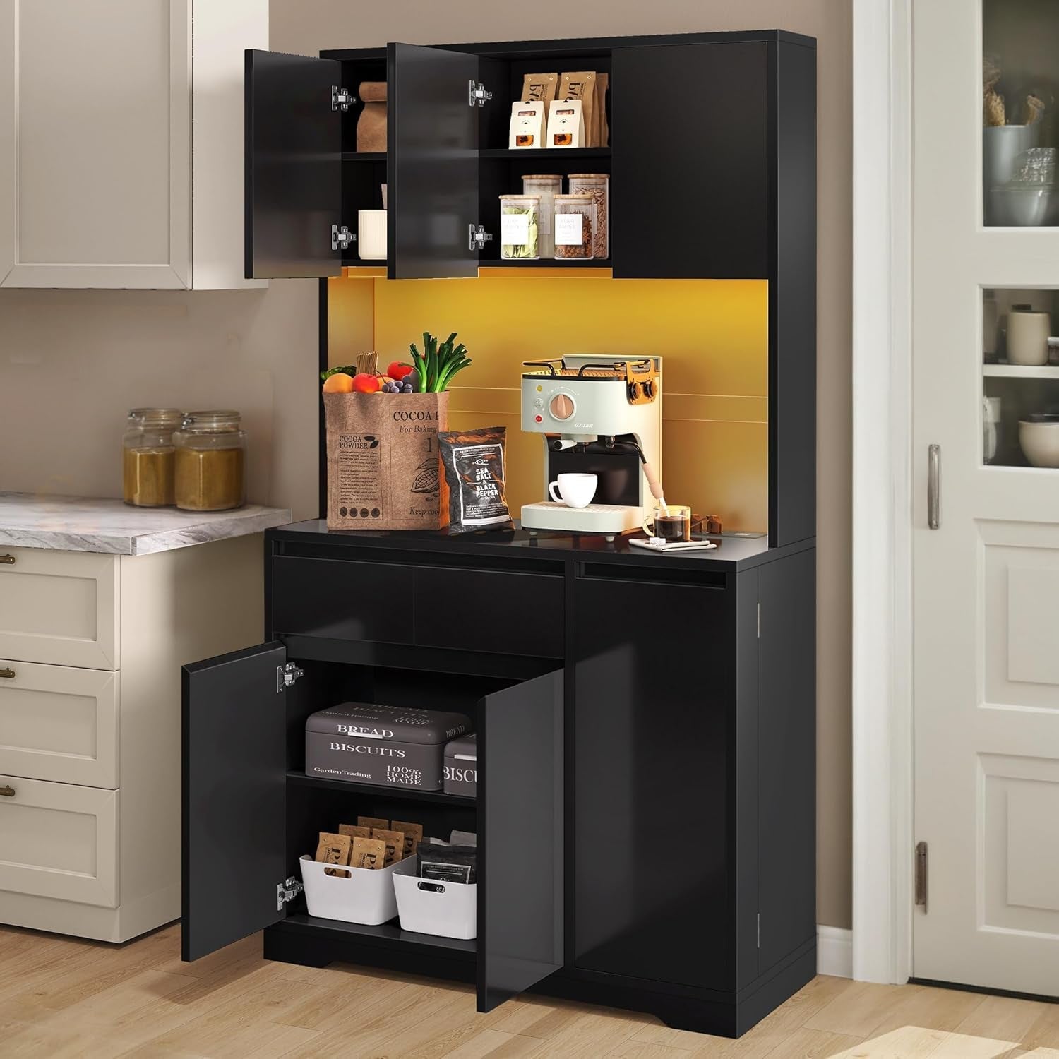 71'' Tall Kitchen Pantry Hutch Storage Cabinet with Microwave Stand, Drawer, Doors and Shelves, Outlet & Led Light, Modern Buffet Cabinet for Dining Room, Living Room, Black-1