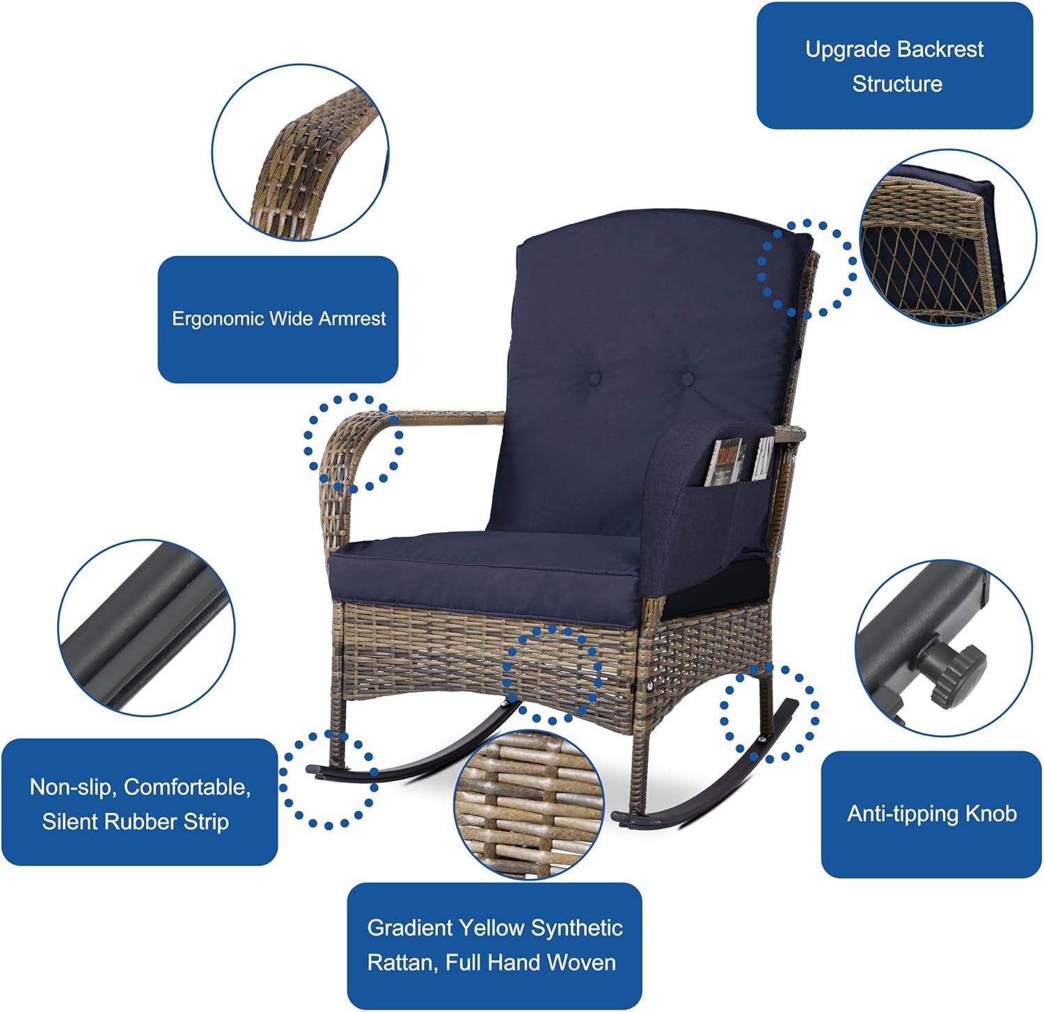 6-Piece Patio Furniture Set,Outdoor Rocking Chairs Set of 2, Patio Conversation Set with 4 Wicker Chairs with 2 Glass Coffee Tables and Cushions for Garden,Porch,Backyard, Bistro (Blue)-1