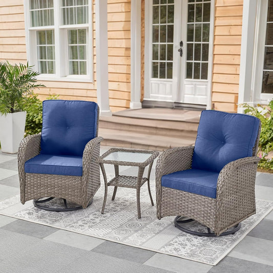 Swivel Patio Chairs Wicker Set - Outdoor Swivel Rocker Chair with Side Table, 3 Piece Patio Glider Chairs Furniture Set with Water-Resistant Cushions for Porch Deck Sunroom-0