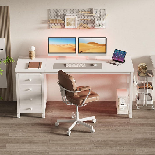 55" White Computer Desk with Fabric Drawer-0