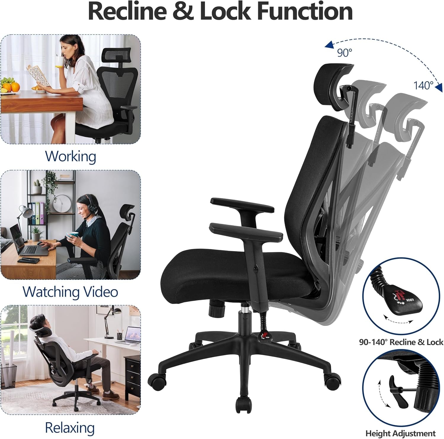 Ergonomic Office Chair Desk Chair High Back Mesh Computer Chair Study Chair with Lumbar Support Adjustable Armrest, Backrest and Headrest for Home Office Working Black-4