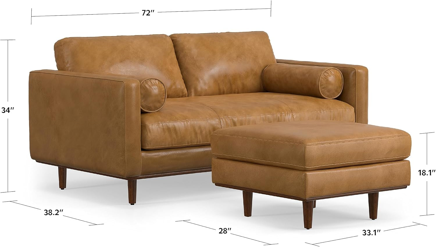 Morrison Mid-Century Modern 72 Inch Wide Sofa with Ottoman Set in Sienna Genuine Leather for the Living Room and Family Room-2