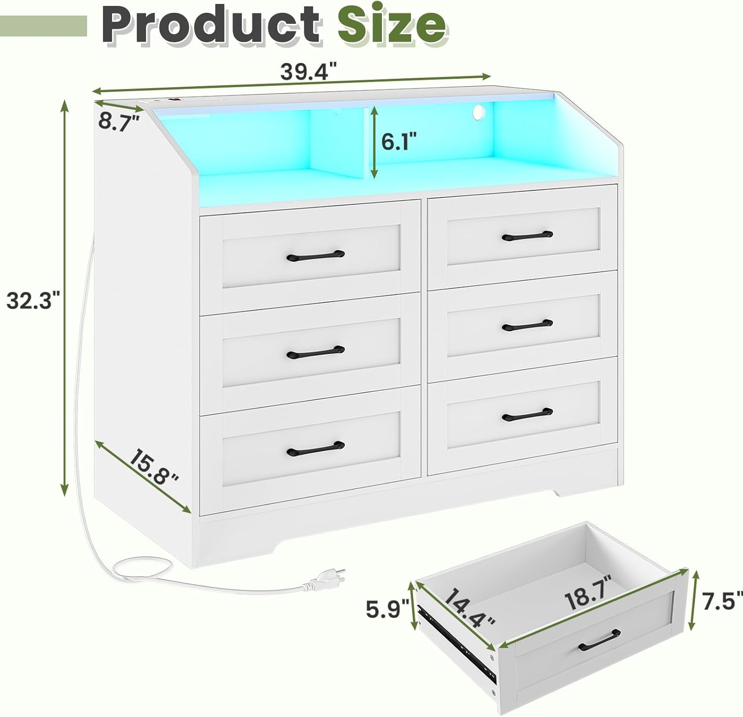 White Dresser for Bedroom with LED Lights and Charging Station, Modern Wood 6 Drawers Storage Tower Clothes Organizer, Large Capacity Chest of Drawers Storage Cabinet for Bedroom, Living Room-1