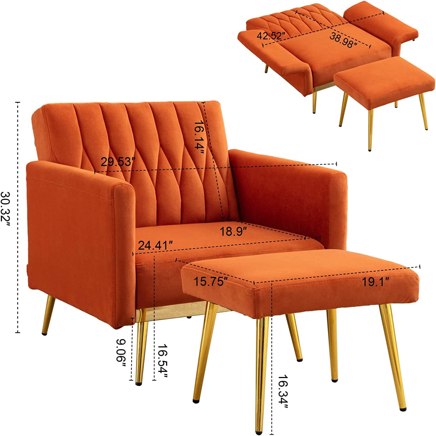 Orange Velvet Chair with Ottoman and Armrests-2