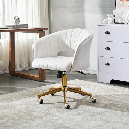 Home Office Chair Swivel Velvet Desk Chair, Vanity Chair with 360 Swivel Armchair and Gold Base,For Living Room, Bedroom, Vanity, Study (Beige)-1