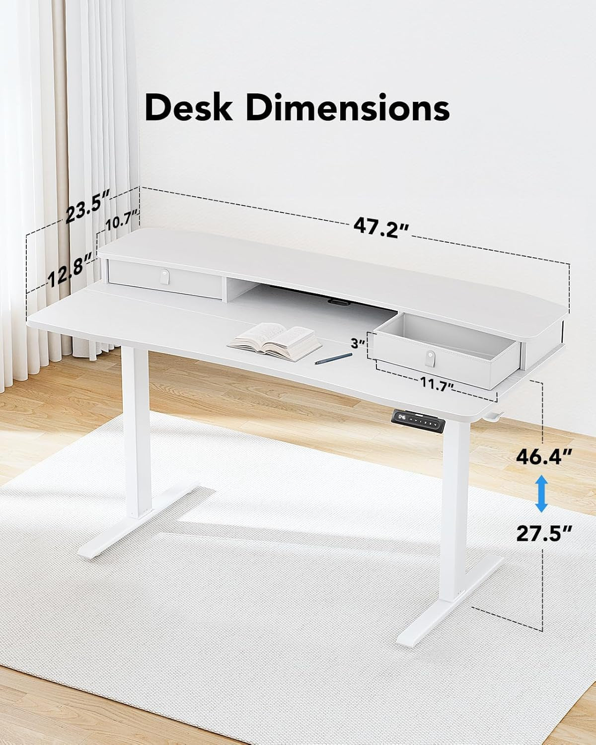 48″ X 24″ Electric Standing Desk with 2 Drawers, C-Clamp Mount Compatible, Height Adjustable Computer Desk, Home Office Stand up Desk with 4 Preset Heights & 2 Hooks, White-2
