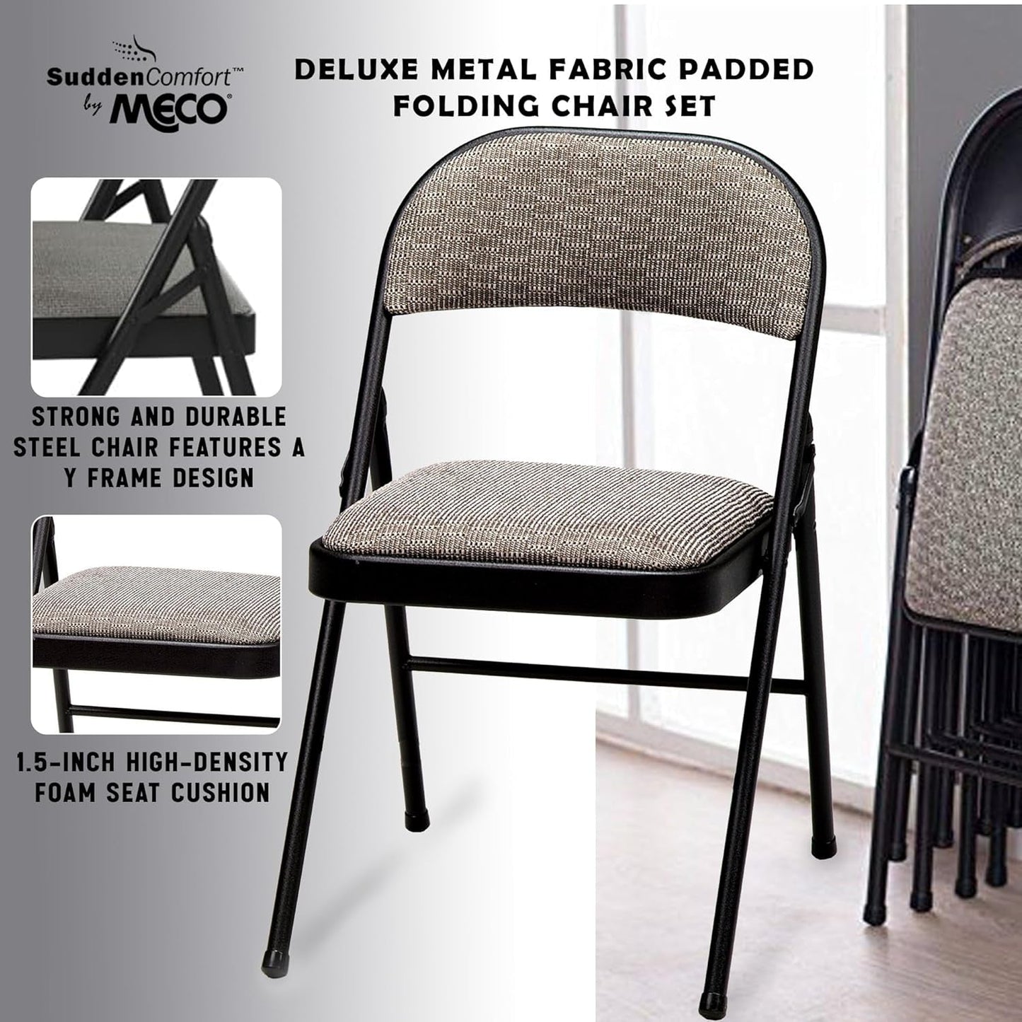 4 Pack Padded Folding Chairs, Cushioned Metal Fabric Foldable Chair, Black-4