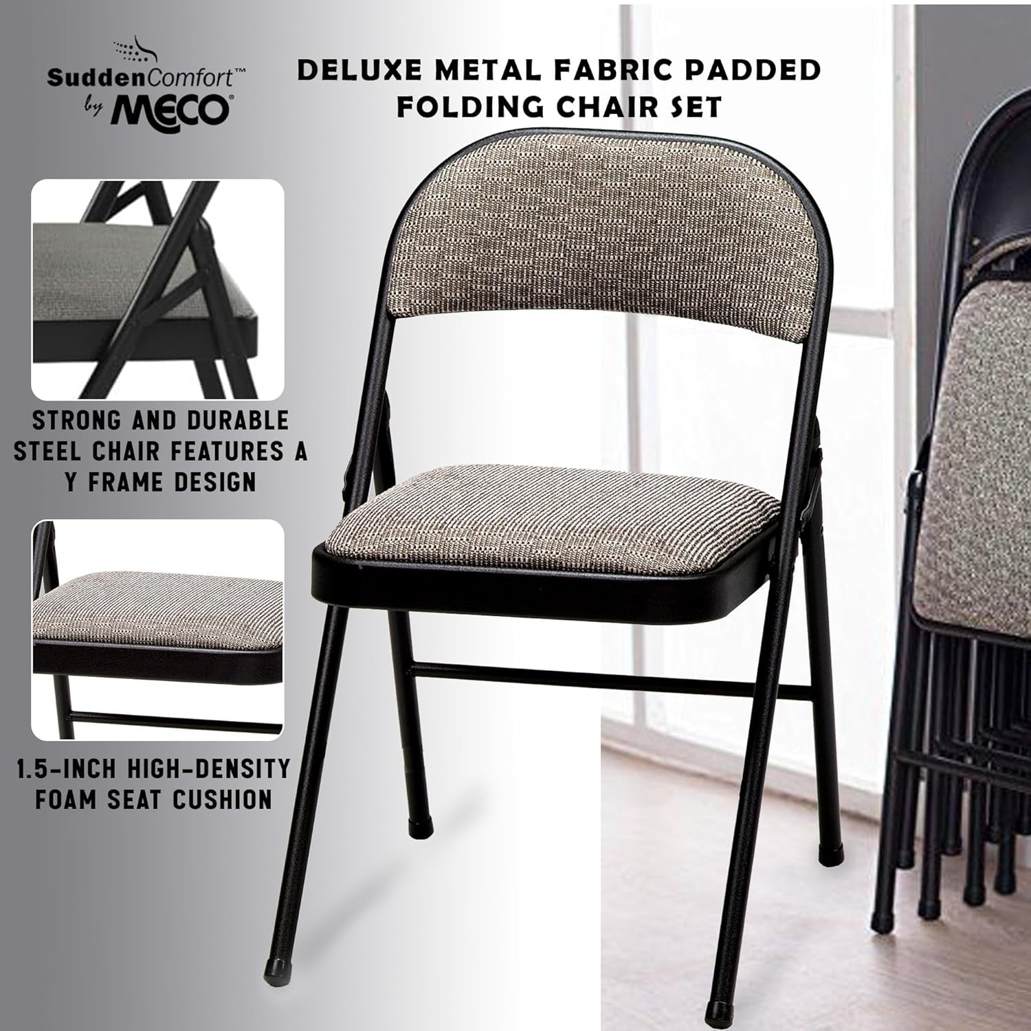 4 Pack Padded Folding Chairs, Cushioned Metal Fabric Foldable Chair, Black-4