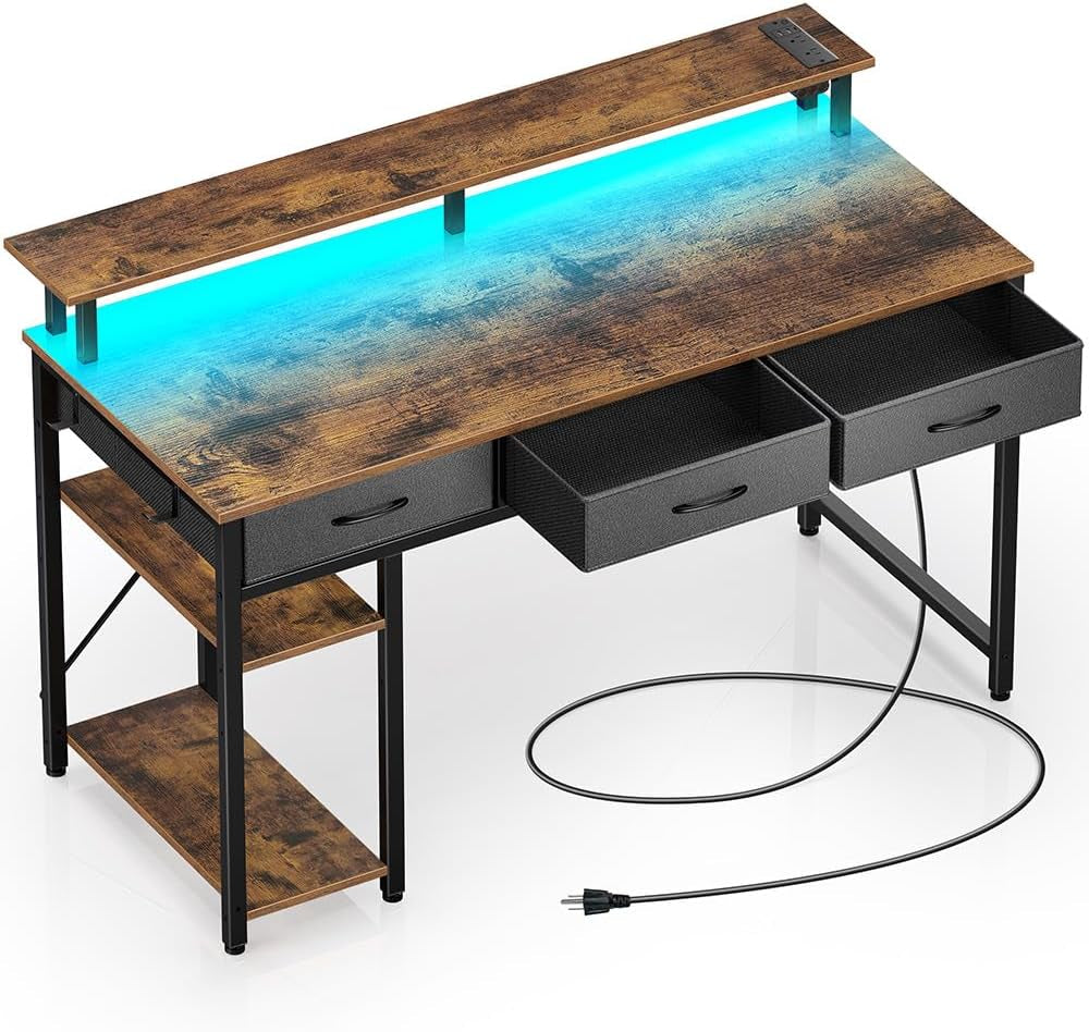 Computer Desk with Power Outlets & LED Light, 47 Inch Home Office Desk with 3 Drawers and Storage Shelves, Writing Desk with Monitor Stand, Work Study Desk for Home Office,Rustic Brown-0
