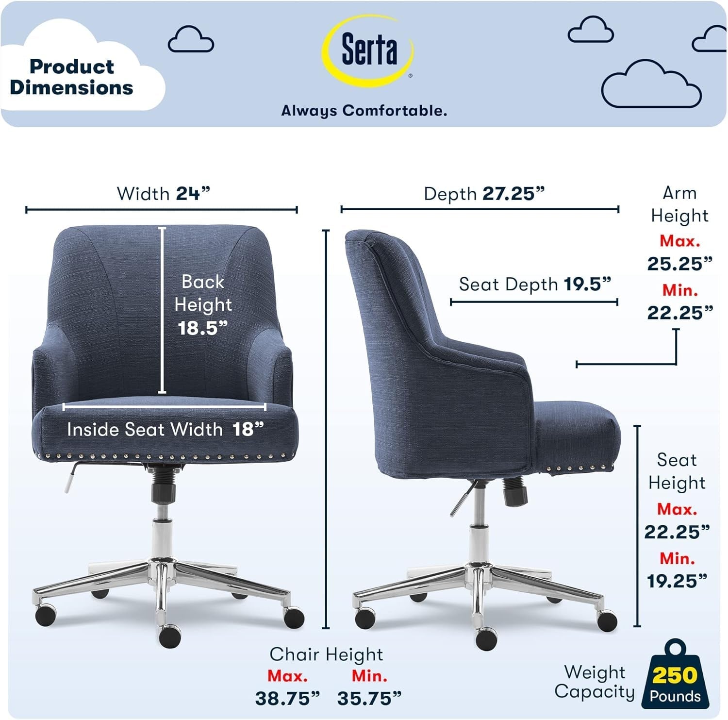 Leighton Home Office Memory Foam, Height-Adjustable Desk Accent Chair with Chrome-Finished Stainless-Steel Base, Blue-1