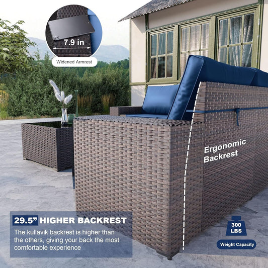 6PCS Outdoor Patio Furniture Set PE Wicker Rattan Sectional Sofa Patio Conversation Sets,Navy Blue-1